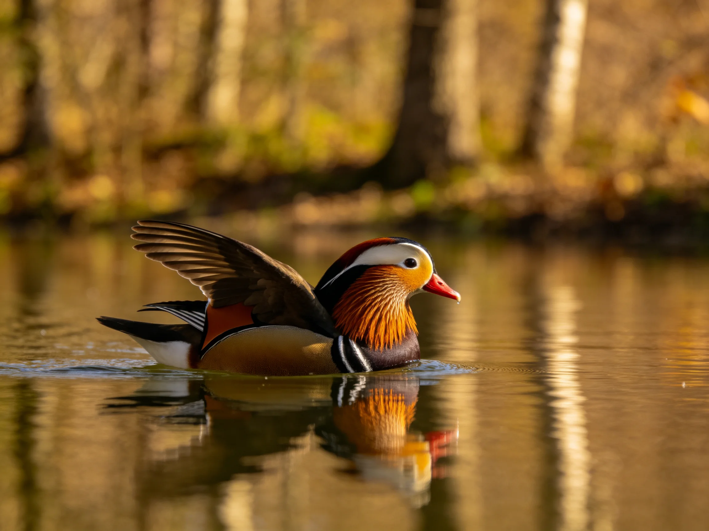 A colorful mandarin duck gliding on calm water near trees