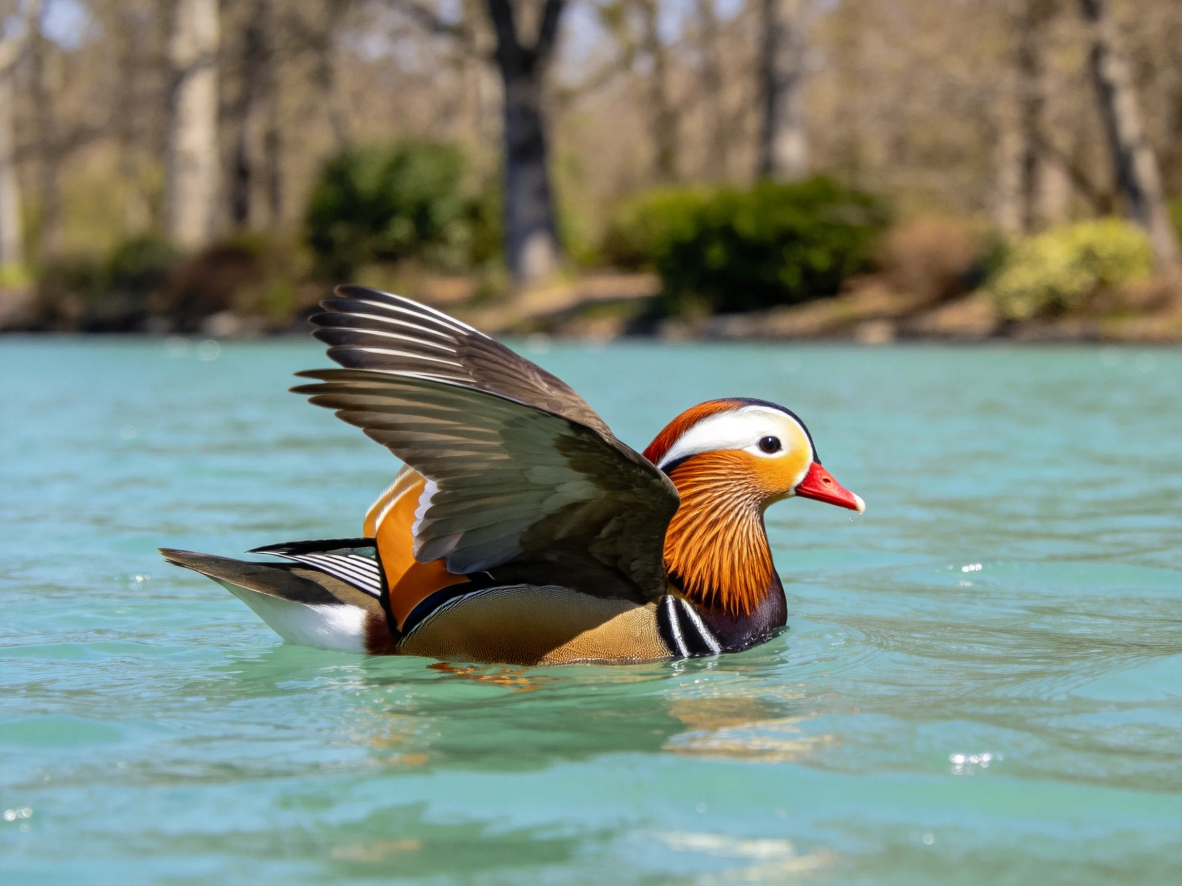 A colorful mandarin duck gliding over turquoise water