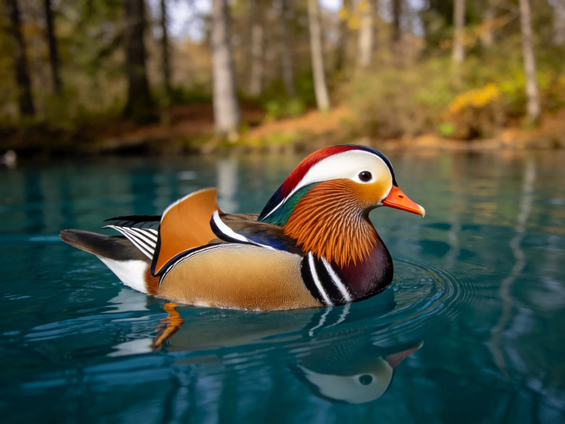 A colorful mandarin duck swims gracefully in clear blue water