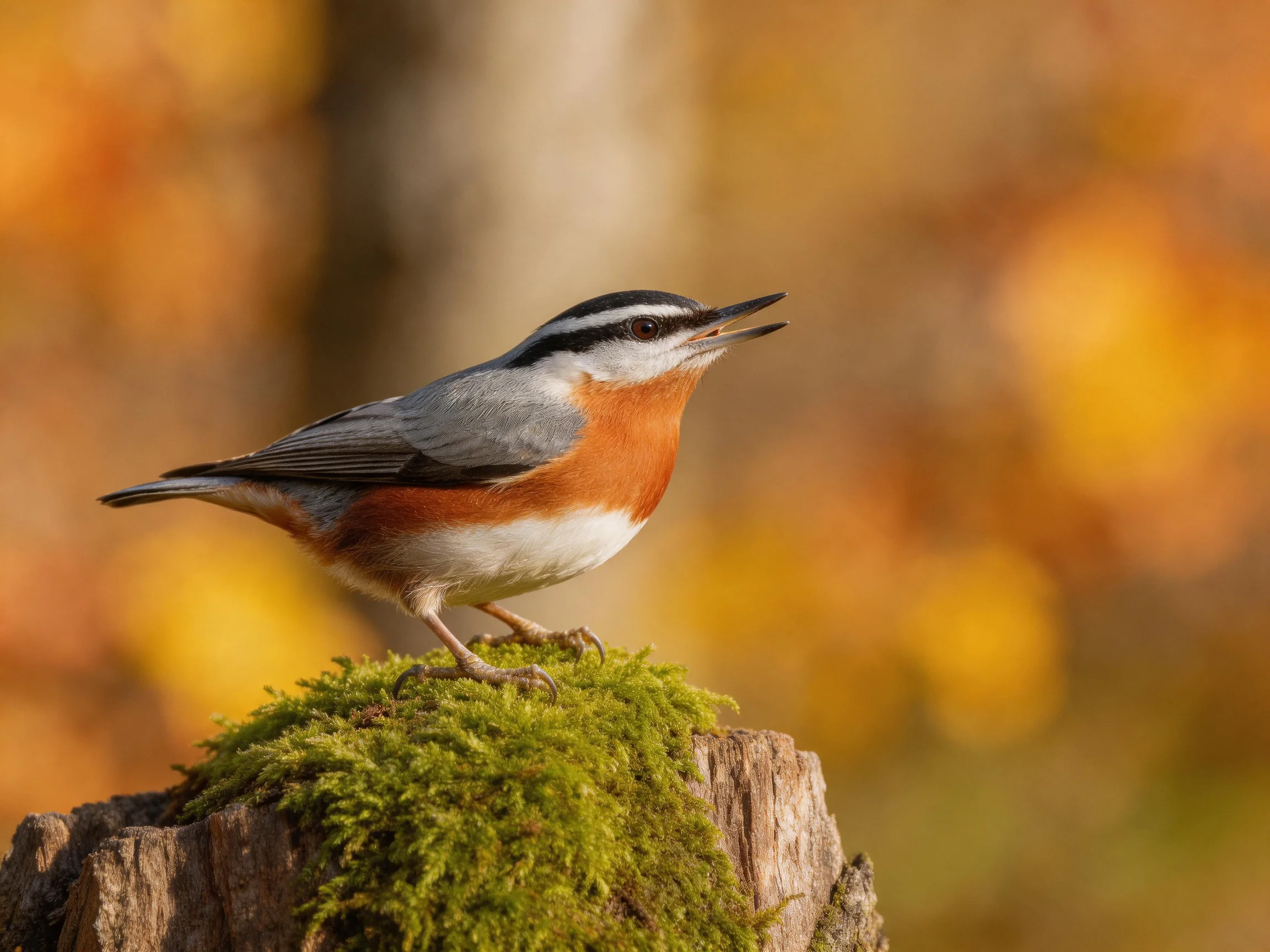 A colorful nuthatch perched on a moss-covered wooden stump