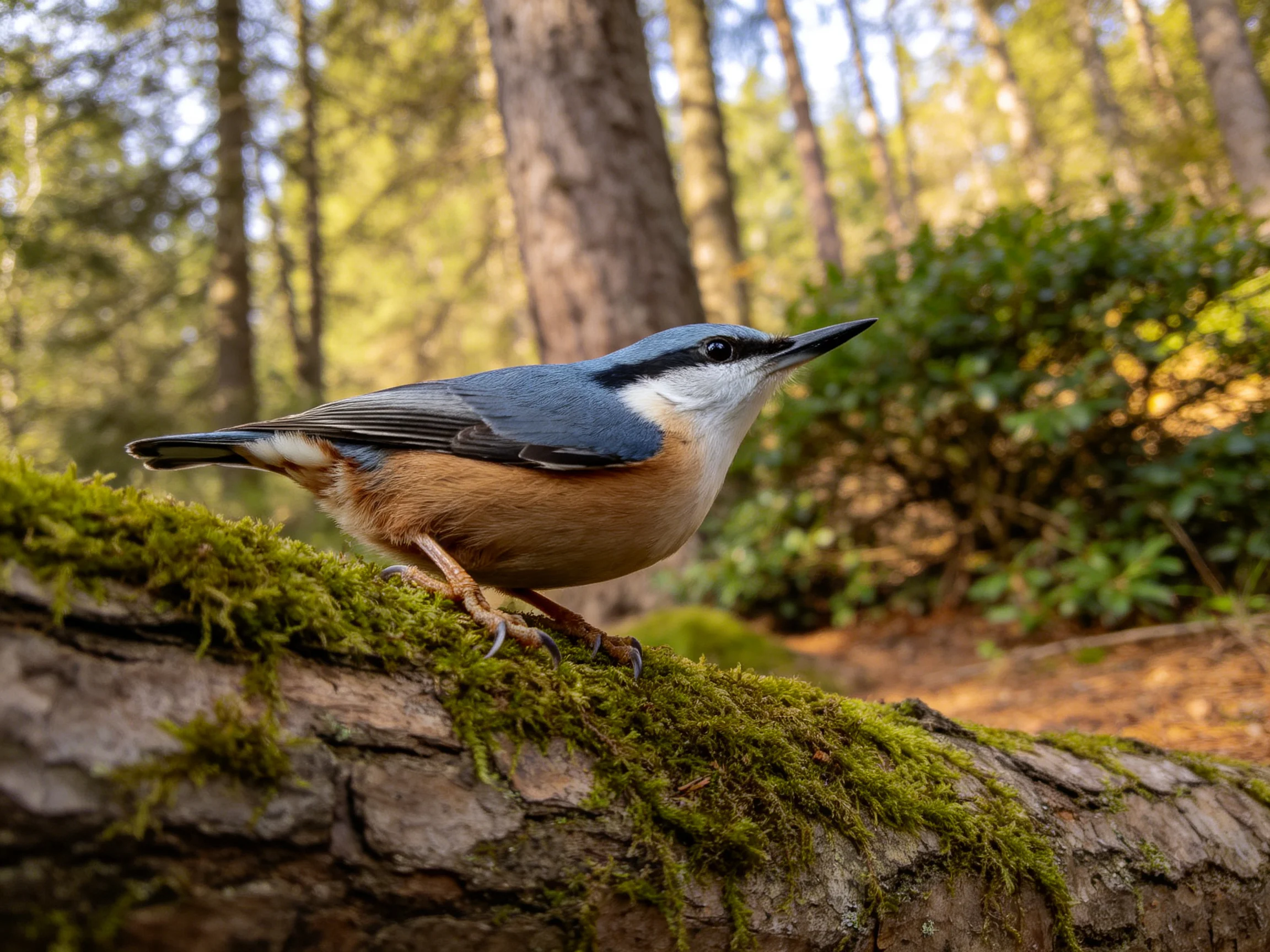 A colorful nuthatch perches on a moss - covered tree trunk in a sunlit forest