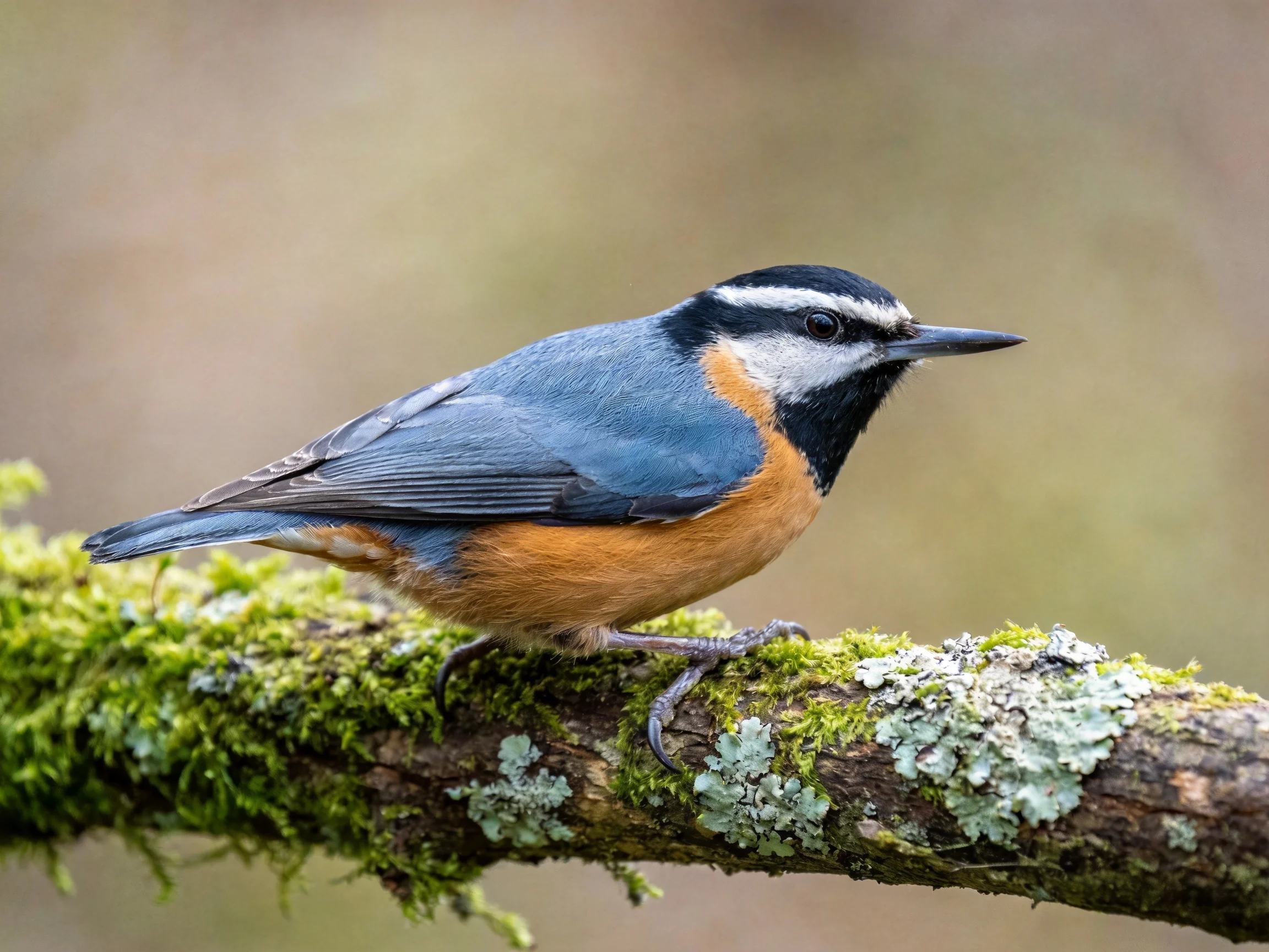 A colorful nuthatch with blue wings perched on a lichen-covered branch