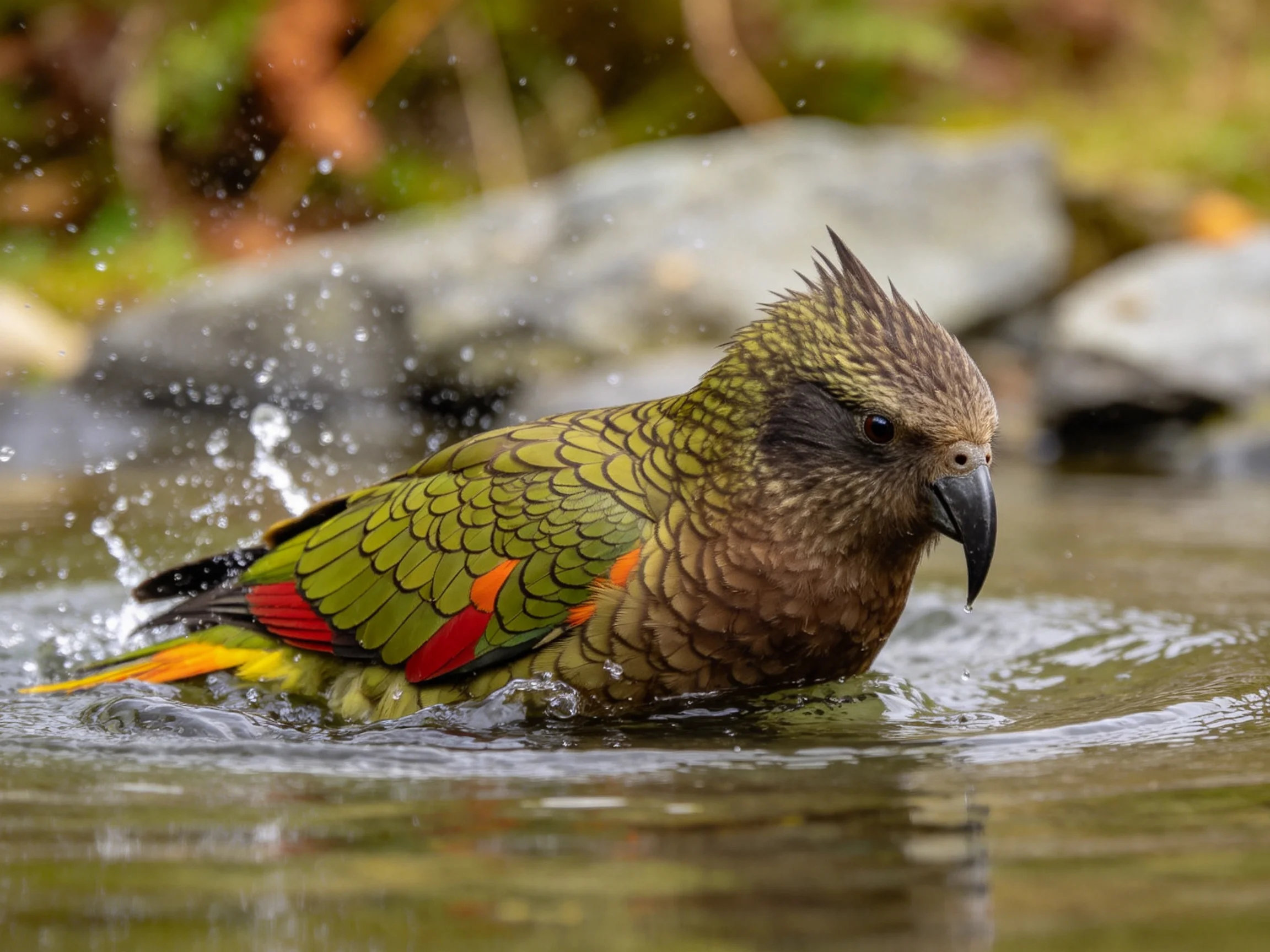 A colorful parrot bathing in shallow stream water