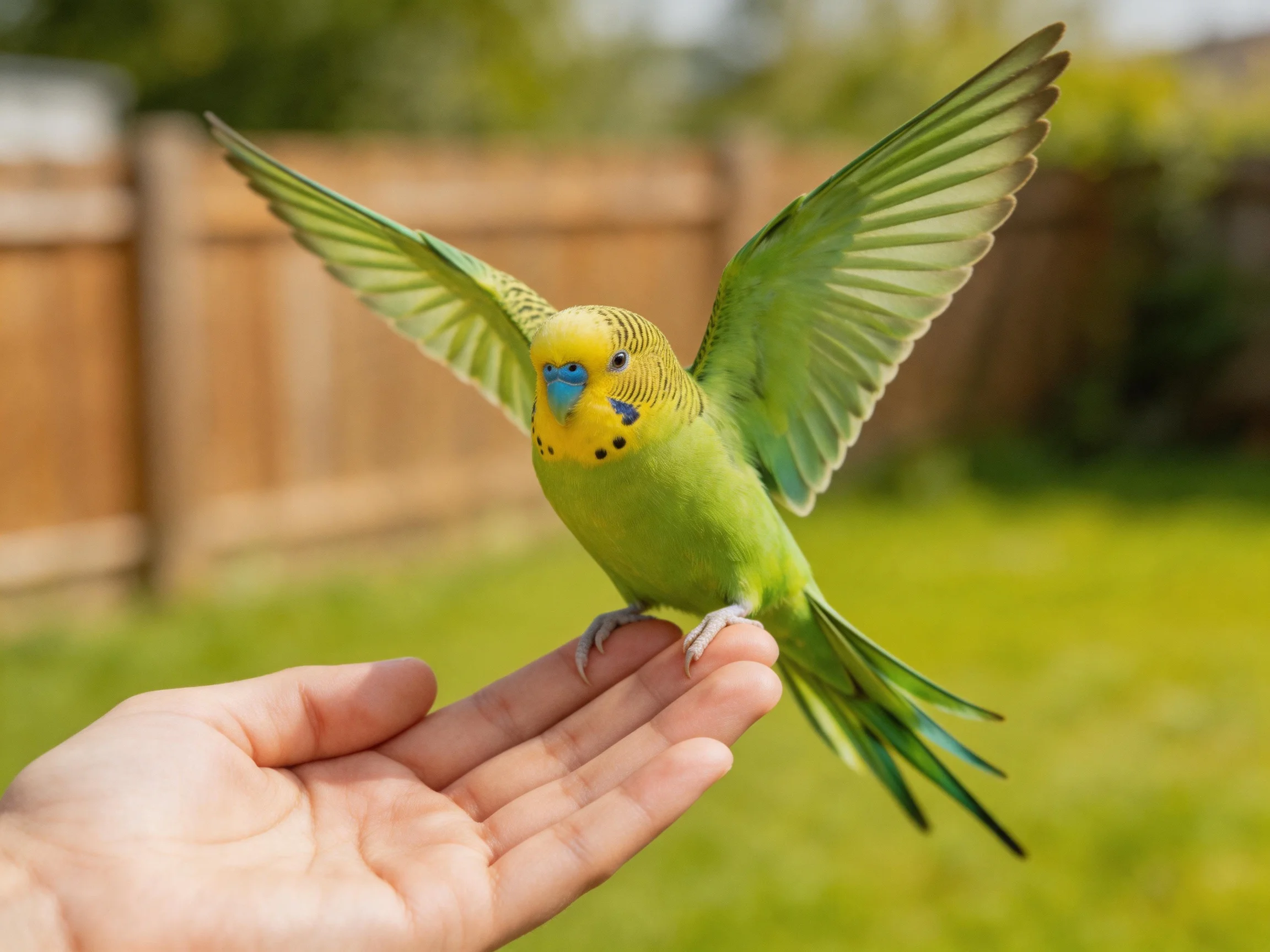 A colorful parrot with green plum perches on a hand near a wooden fence