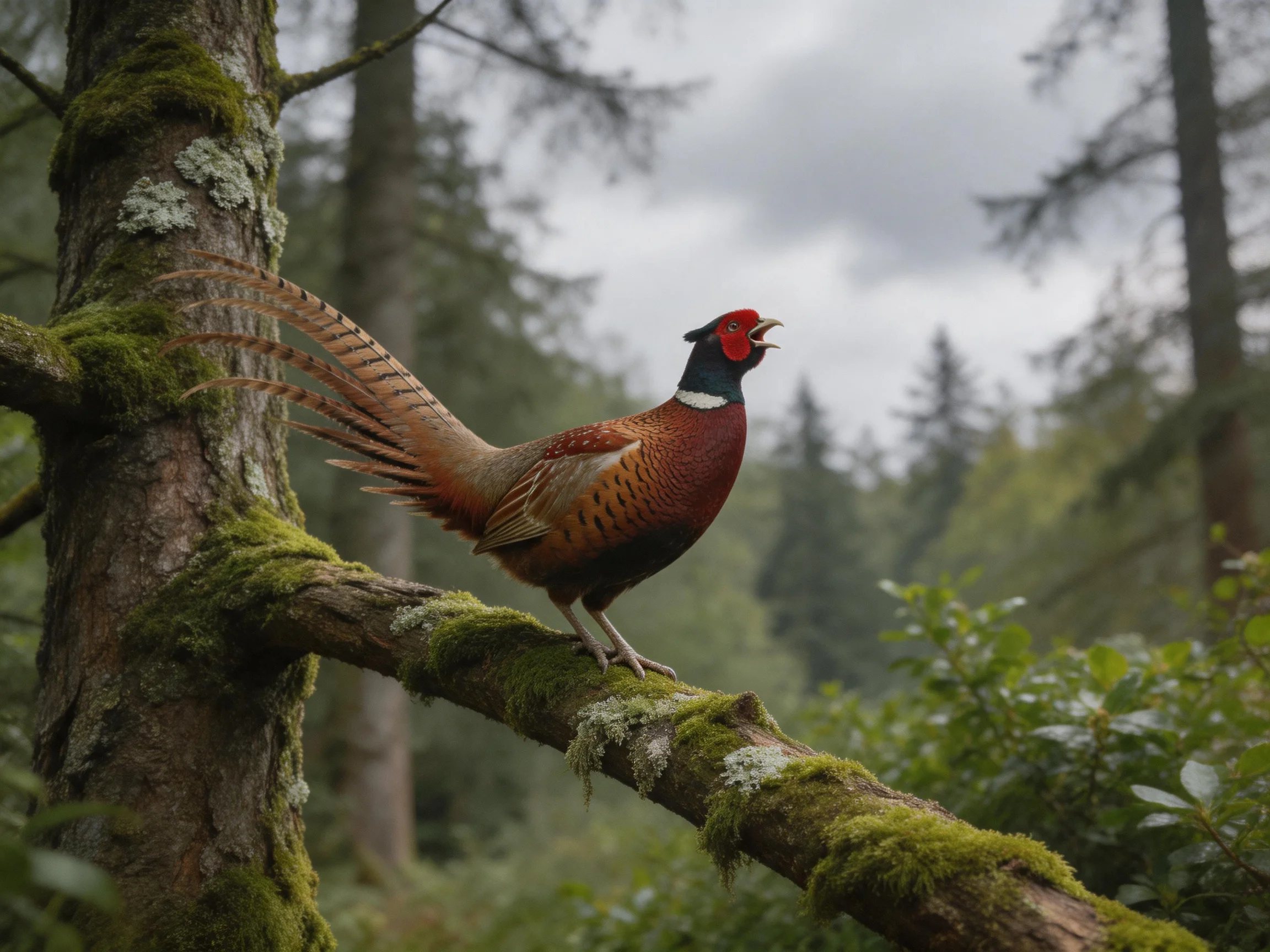 A colorful pheasant perches on a moss-laden tree branch