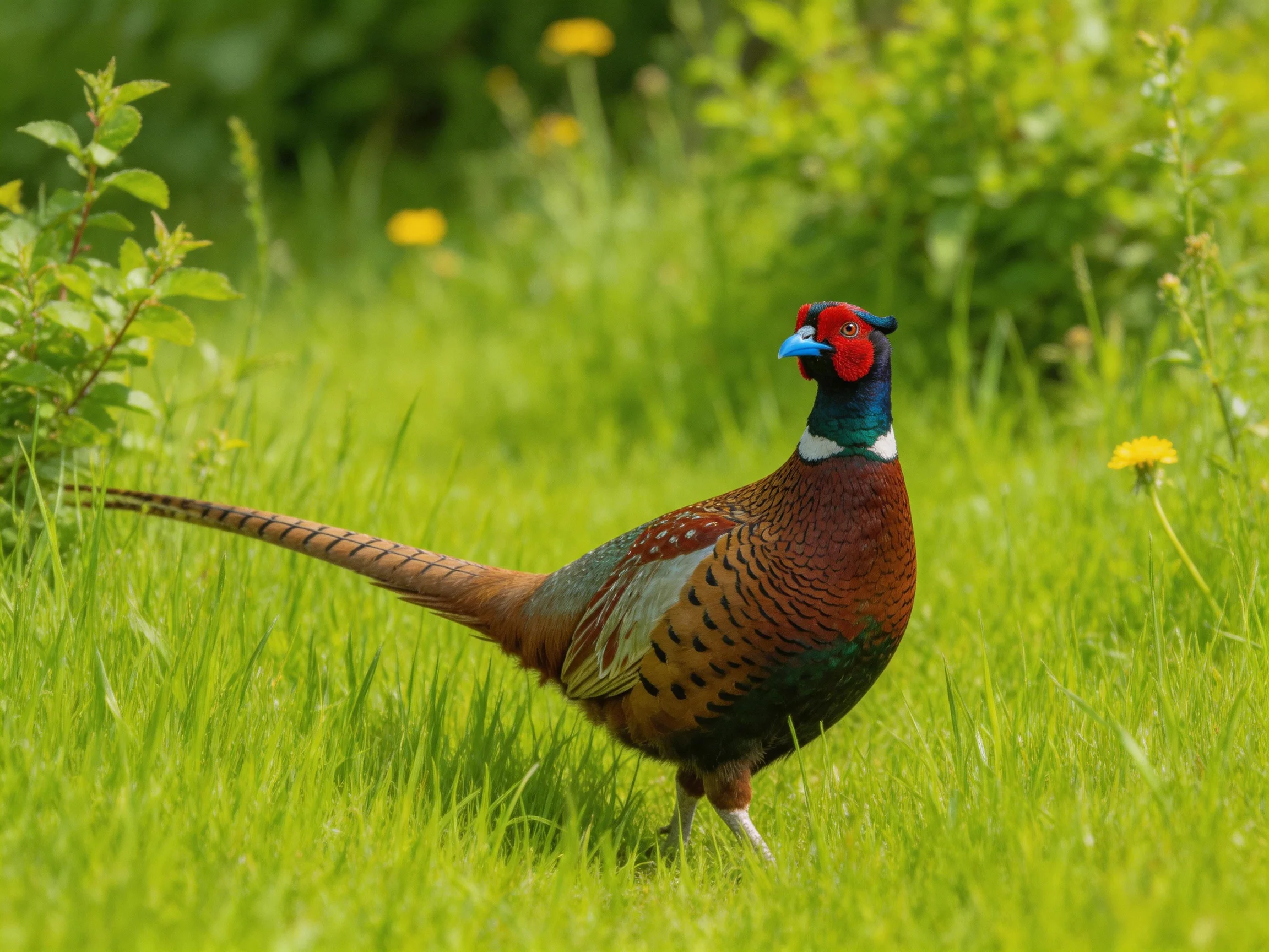 A colorful pheasant with long tail in lush green meadow