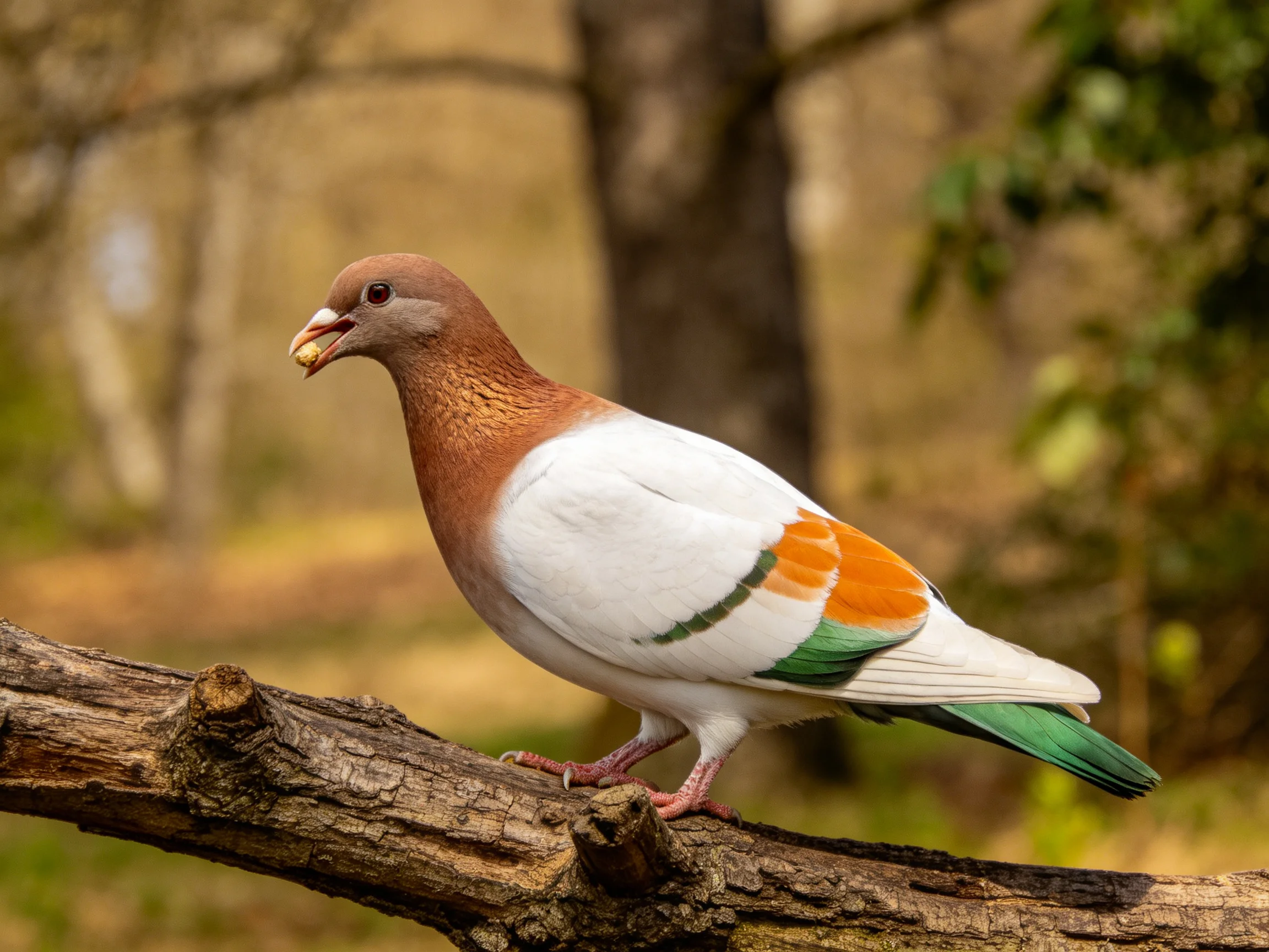 A colorful pigeon with brown, white, orange, and green plumage perches on a tree branch.