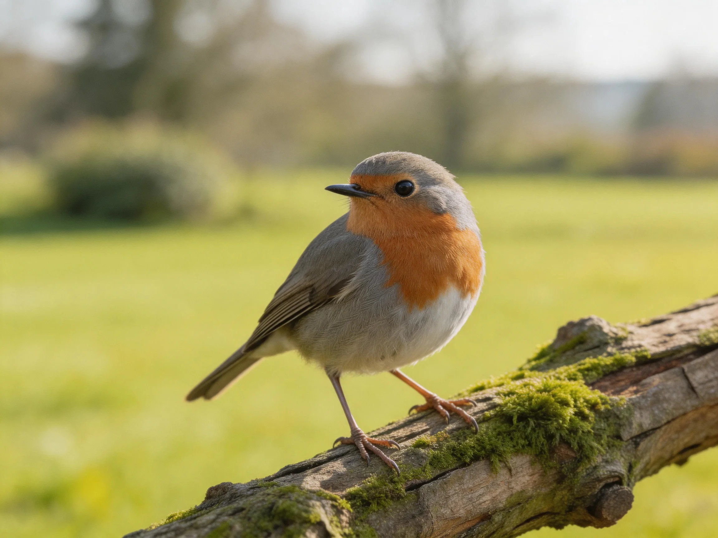 A colorful robin perched on a mossy wooden branch
