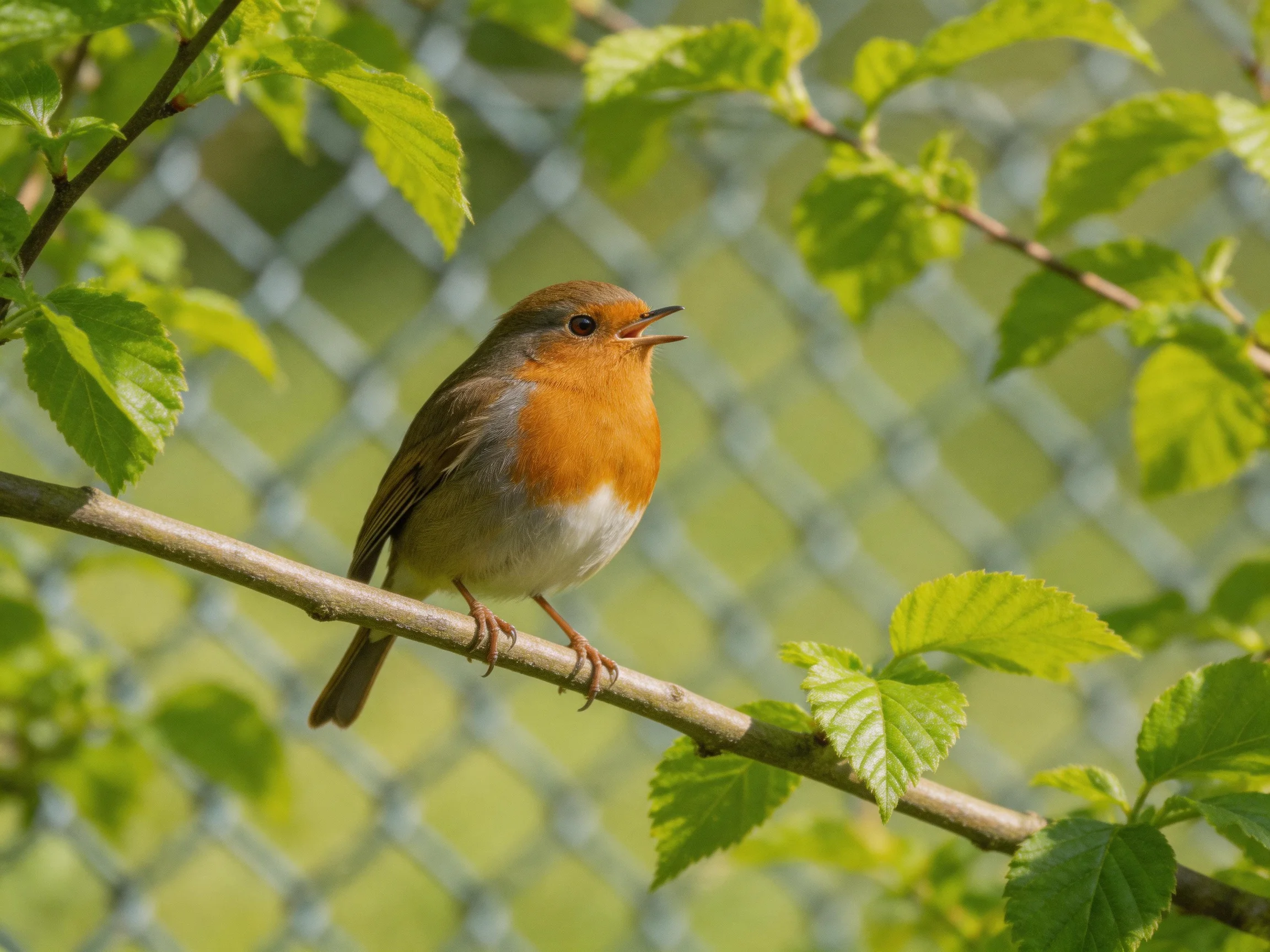 A colorful robin perches on a leafy branch near a chain-link fence