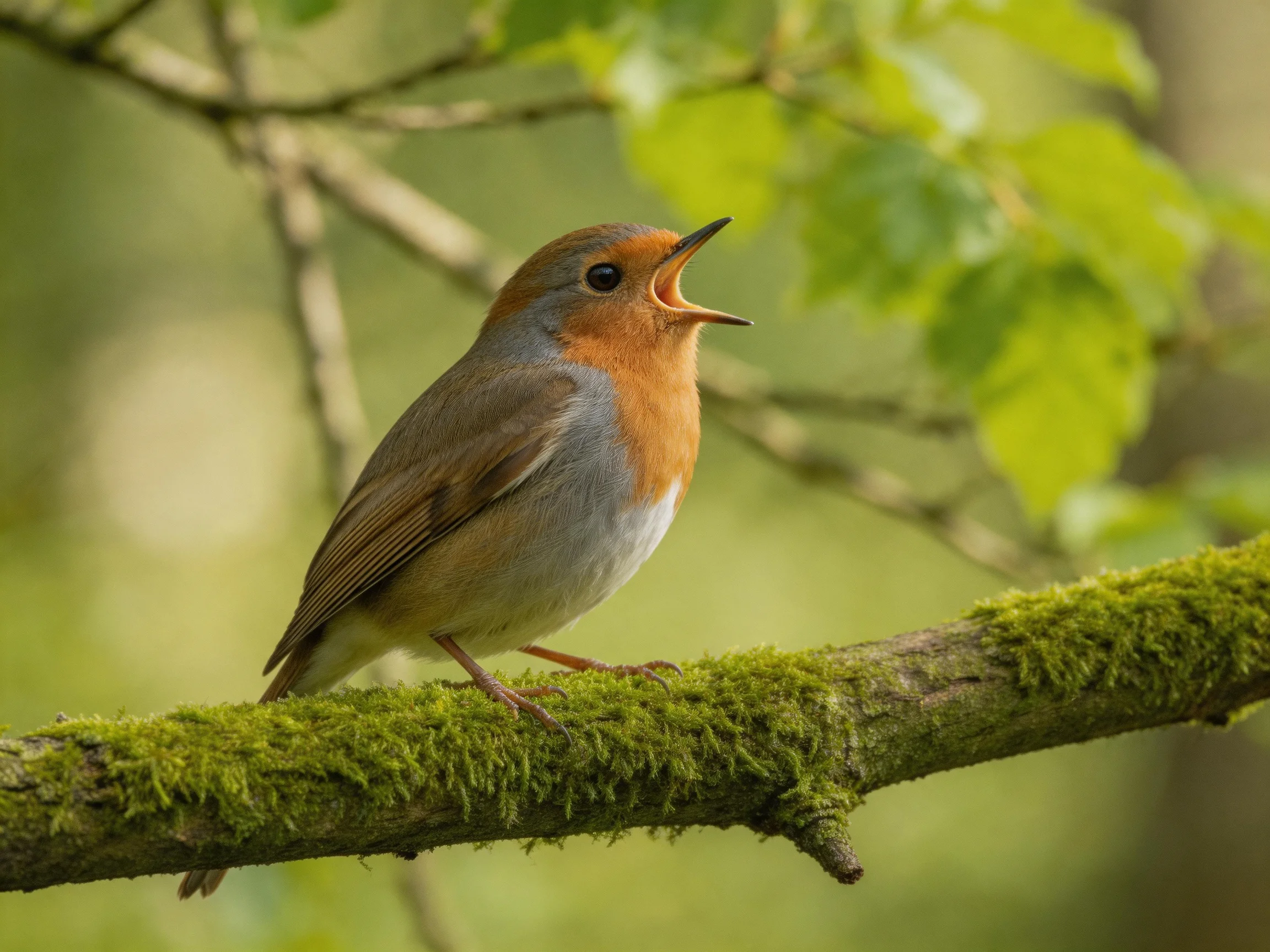 A colorful robin sings on a mossy branch