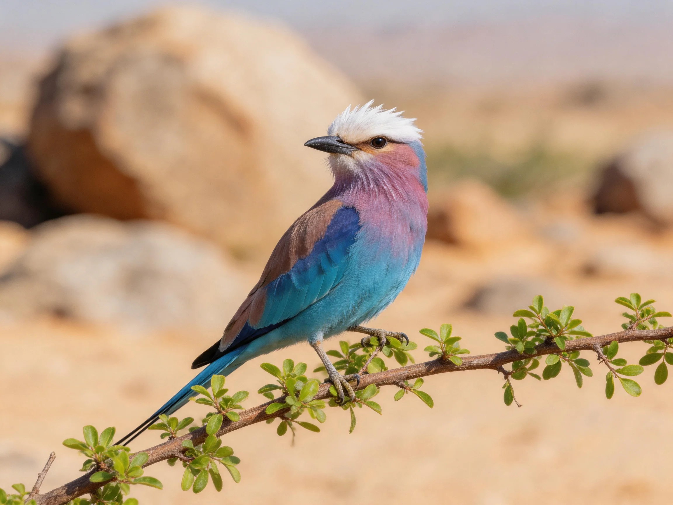 A colorful roller bird perched on a leafy branch near large rocks