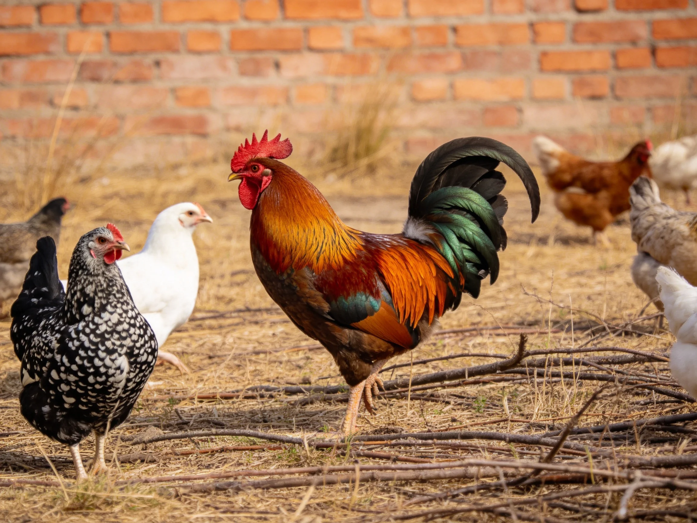 A colorful rooster among various chickens near a brick wall