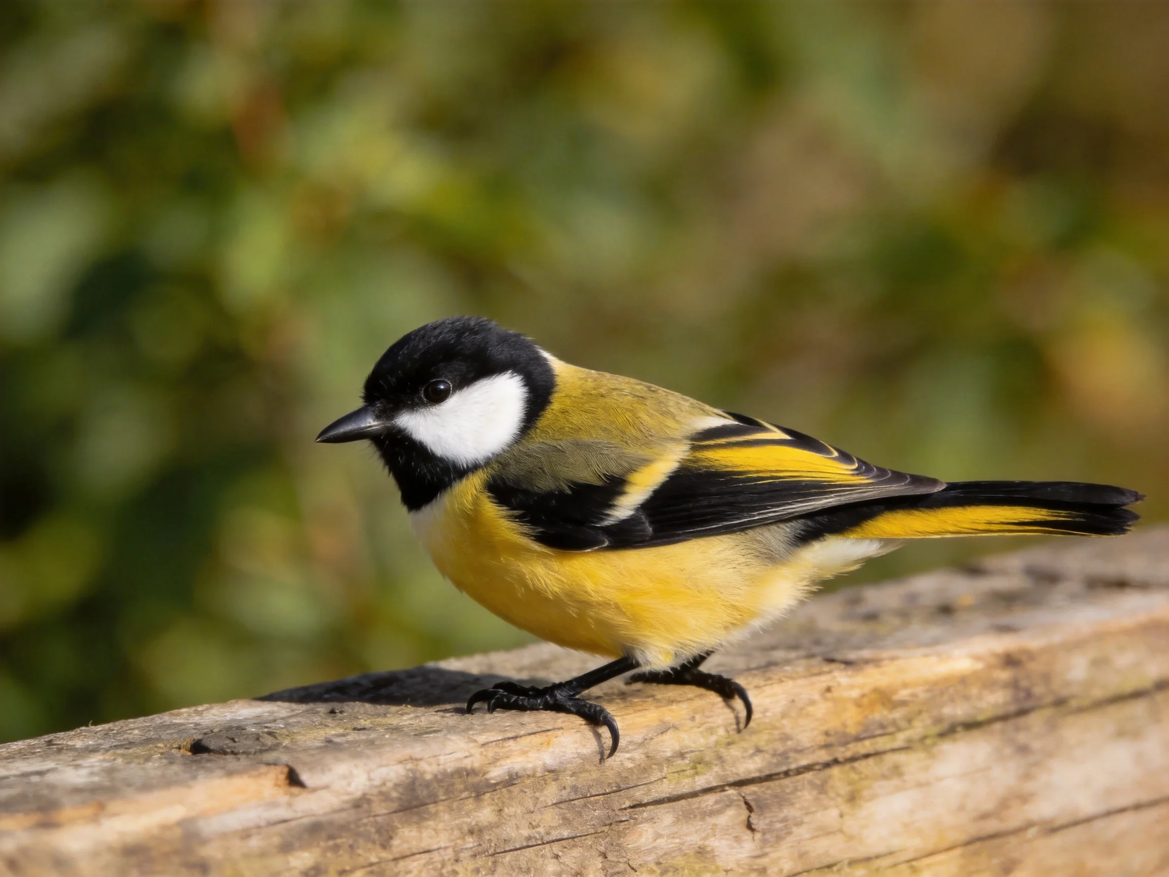 A small bird with mult, white, and yellow feathers perches on a wooden structure.