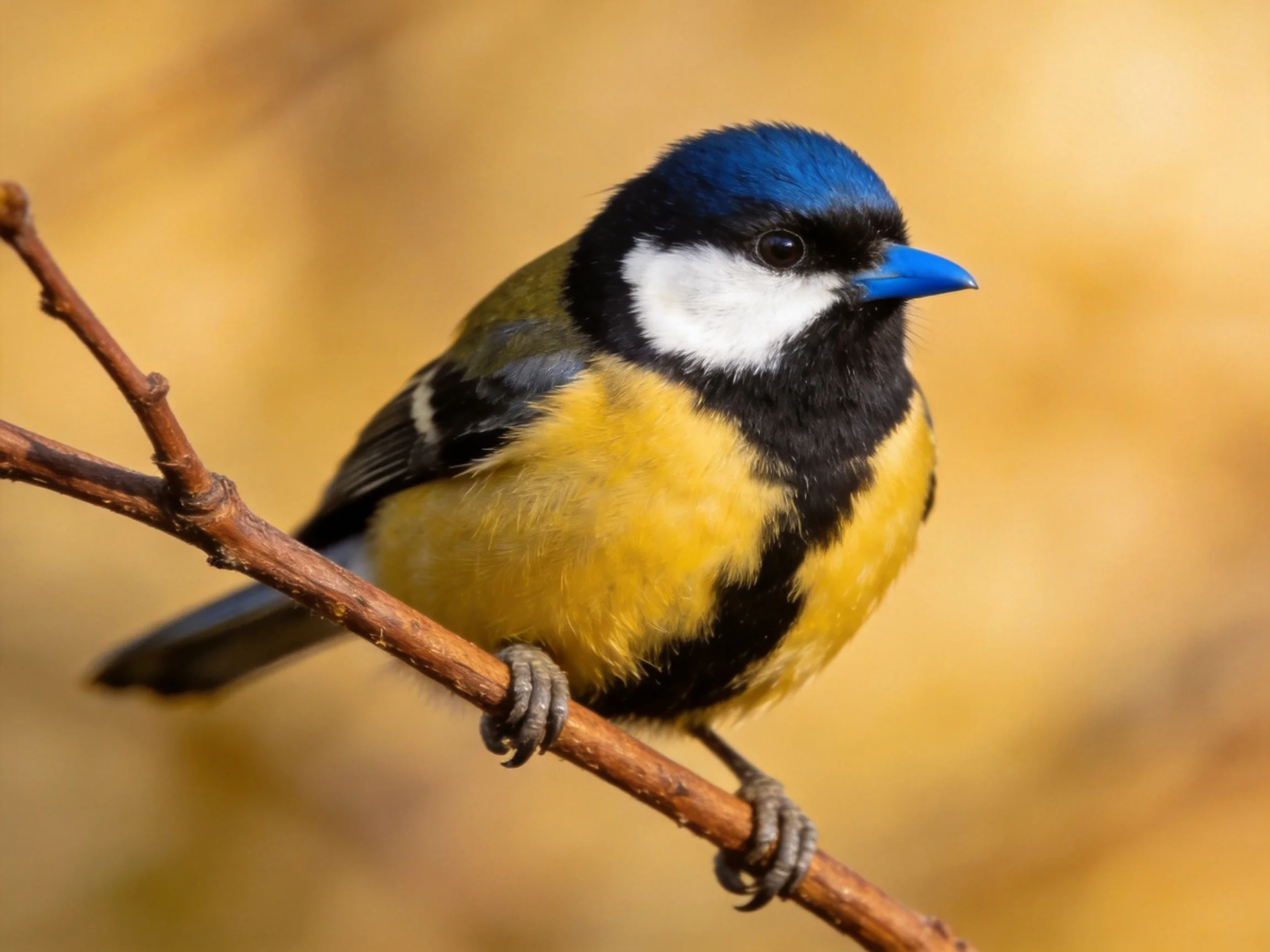 A vibrantly colored songbird with distinct blue, black, and yellow plumage sits on a thin branch