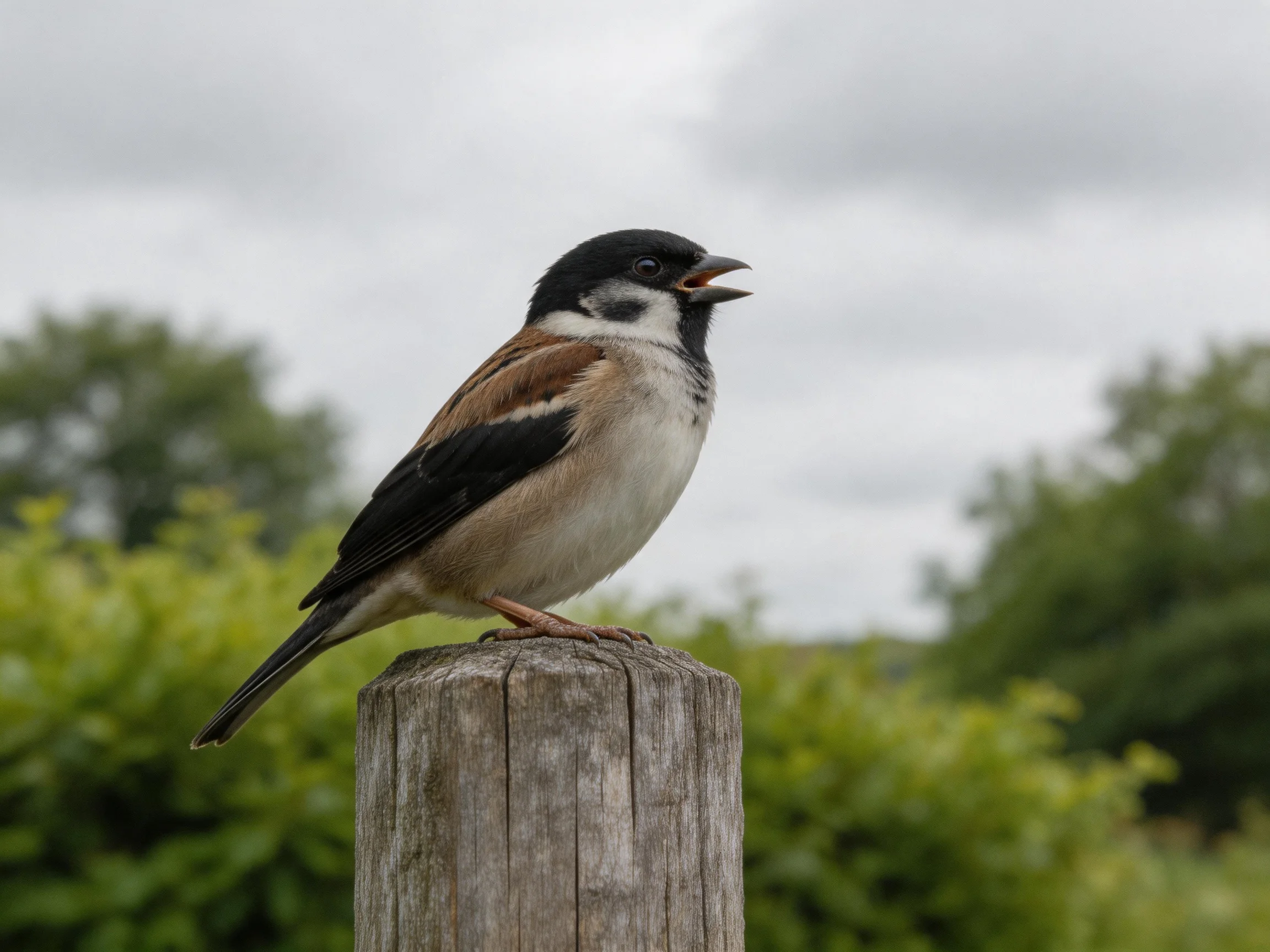 A colorful sparrow perched on a weathered wooden post