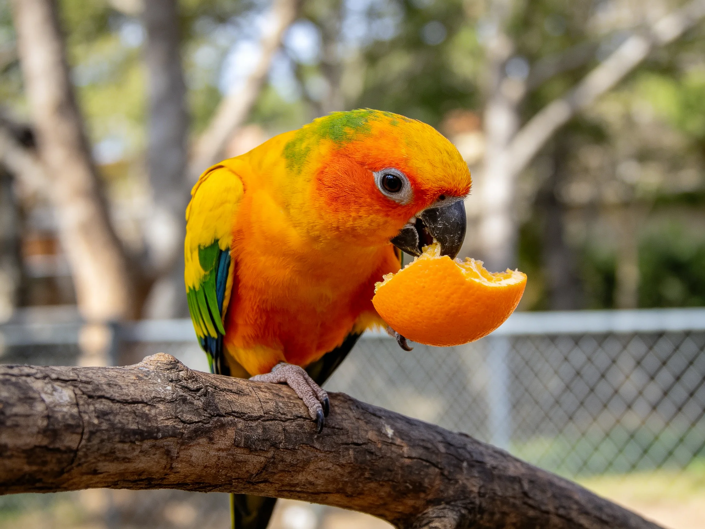 A colorful sun conure eats an orange slice on a wooden branch