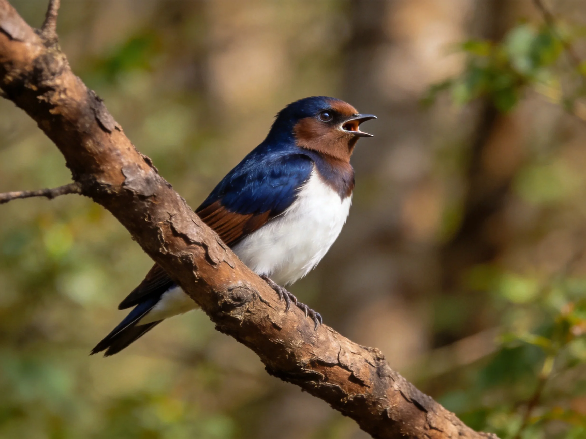 A colorful swallow perched on a rough tree branch