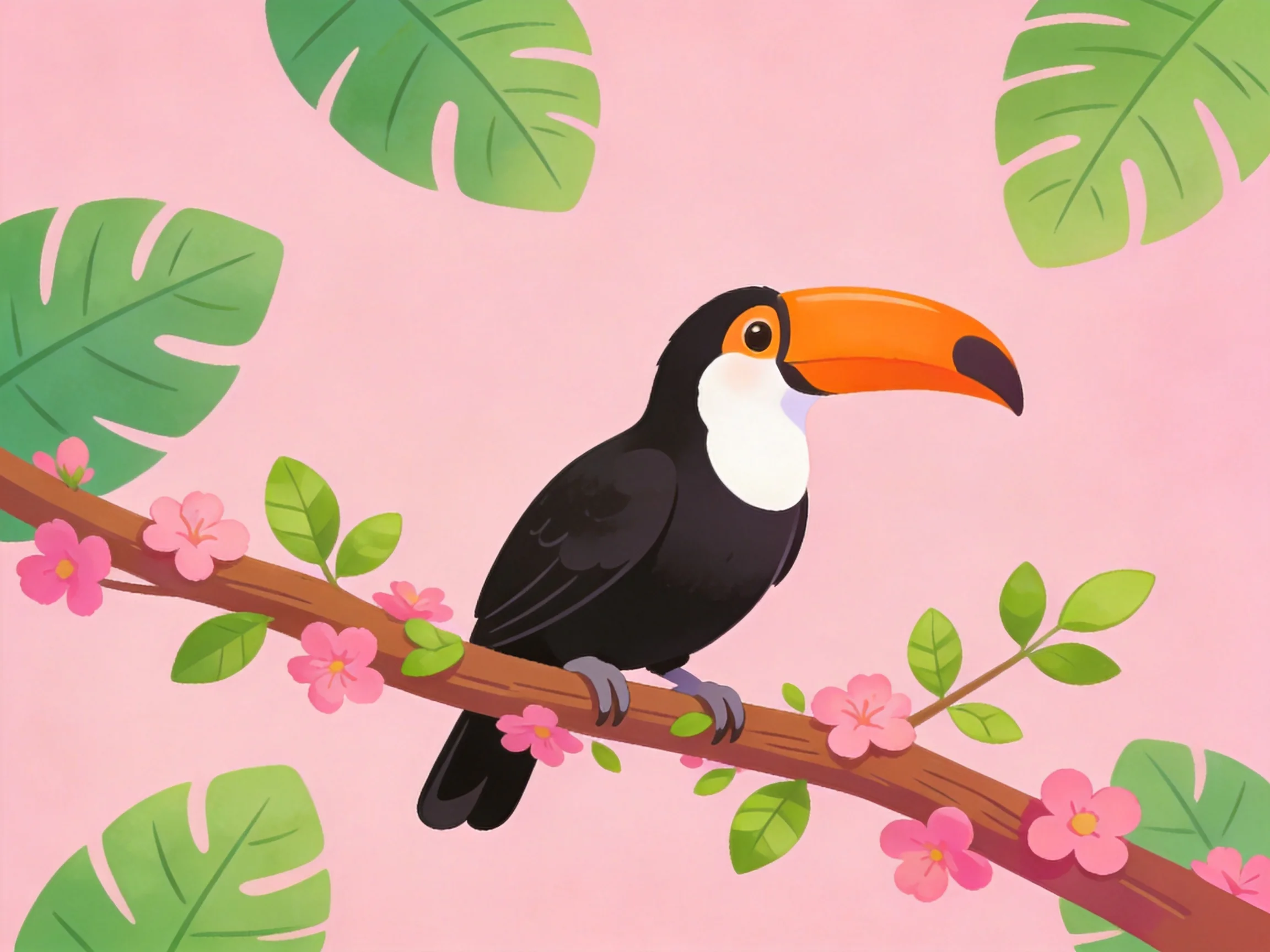 A colorful toucan perched on a flowering branch with tropical leaves