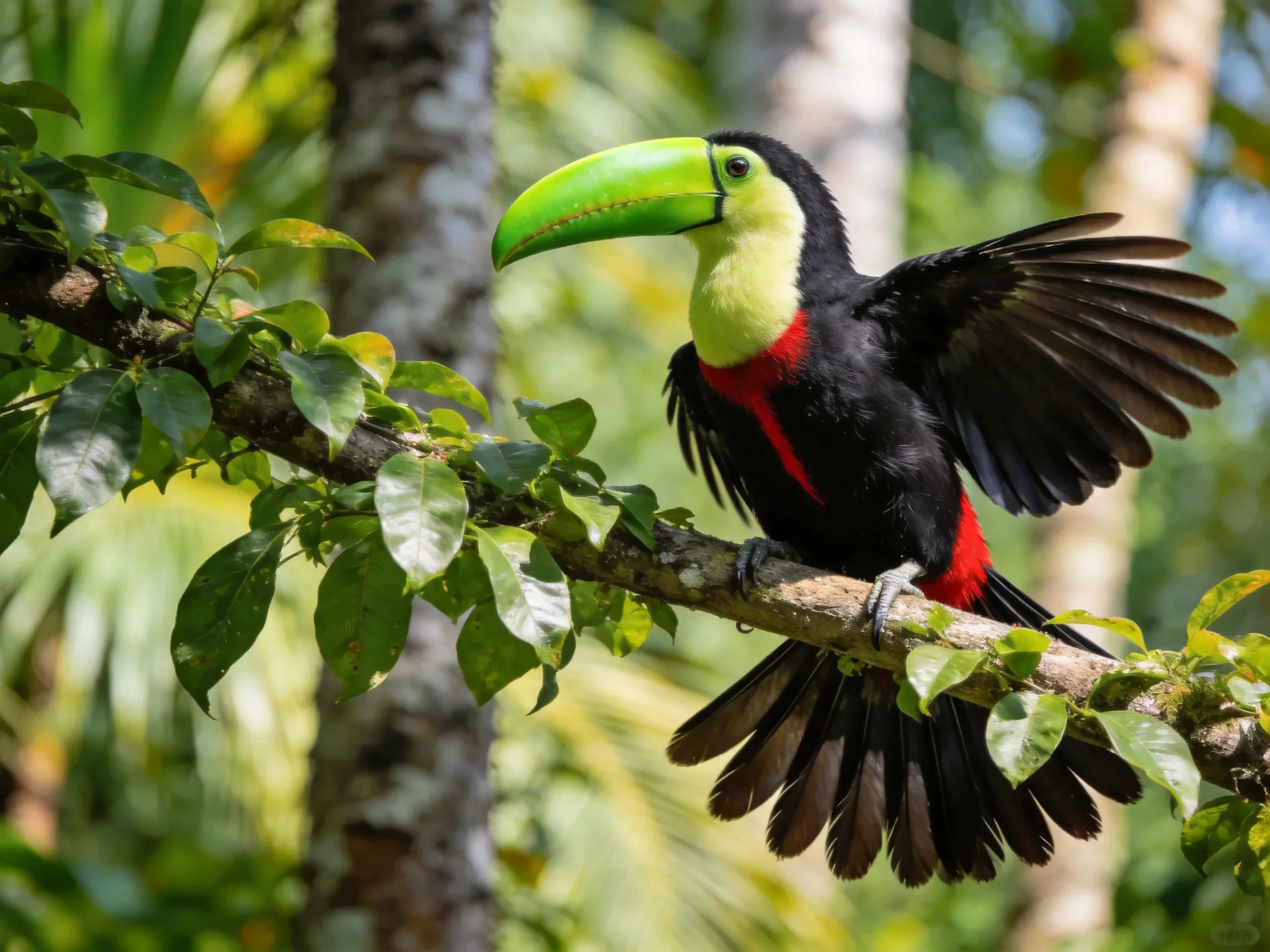 A colorful toucan with large green beak perched on a branch