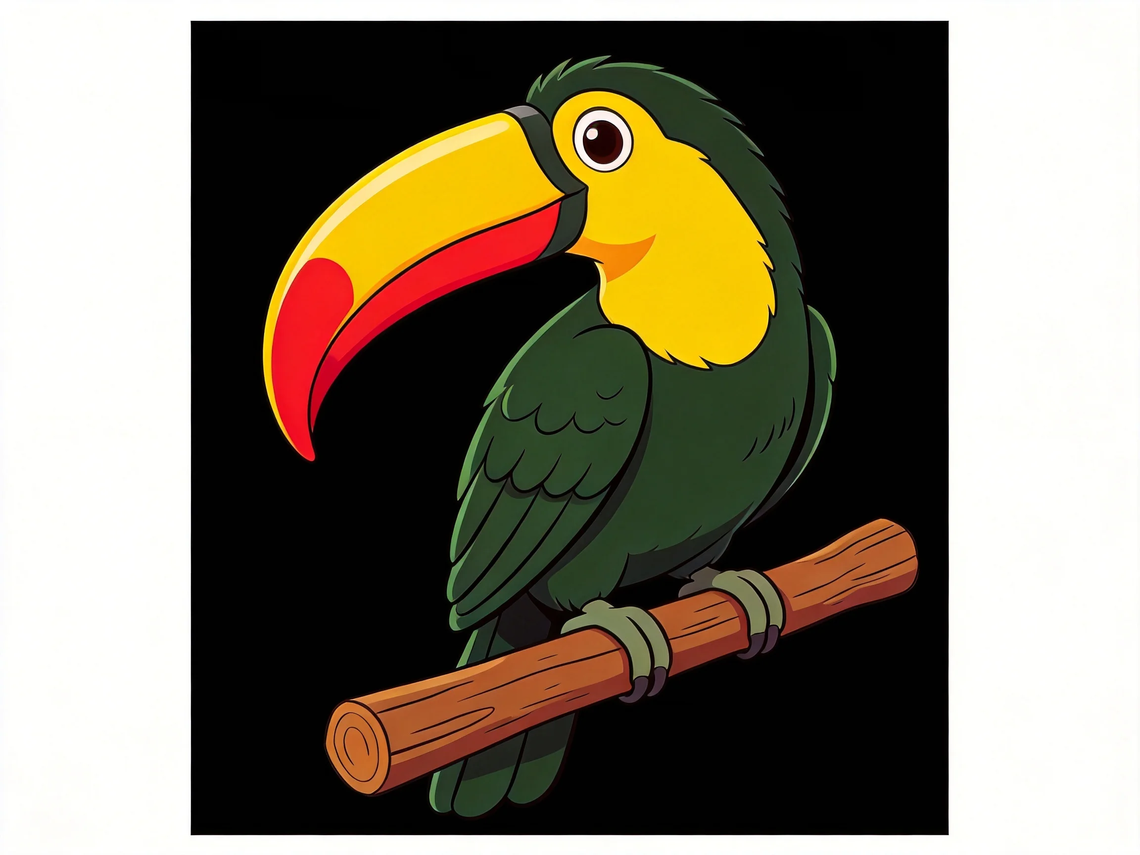 A colorful toucan with large yellow-red beak perched on a wooden branch