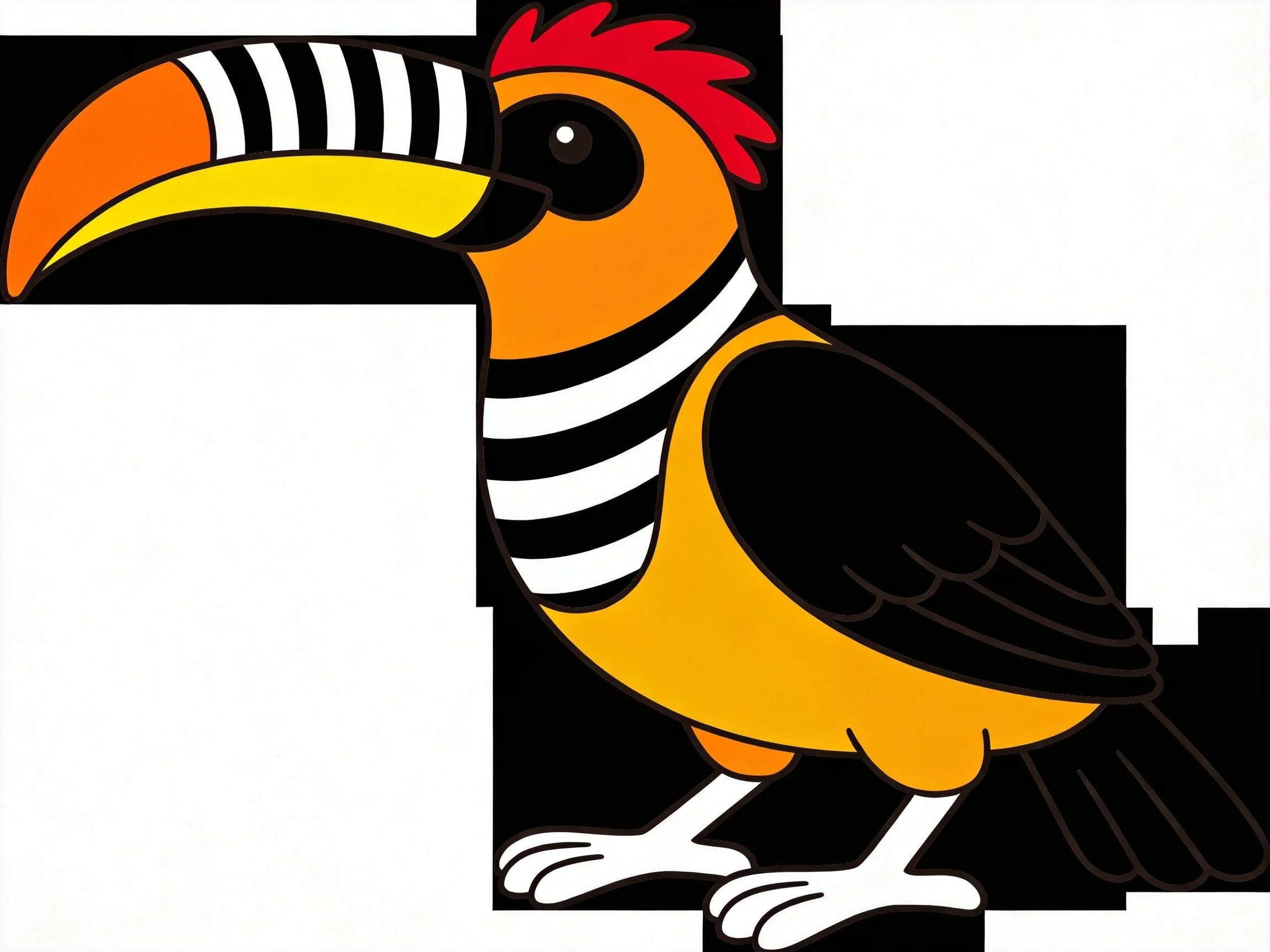 A colorful toucan with striped neck, red crest, and large beak