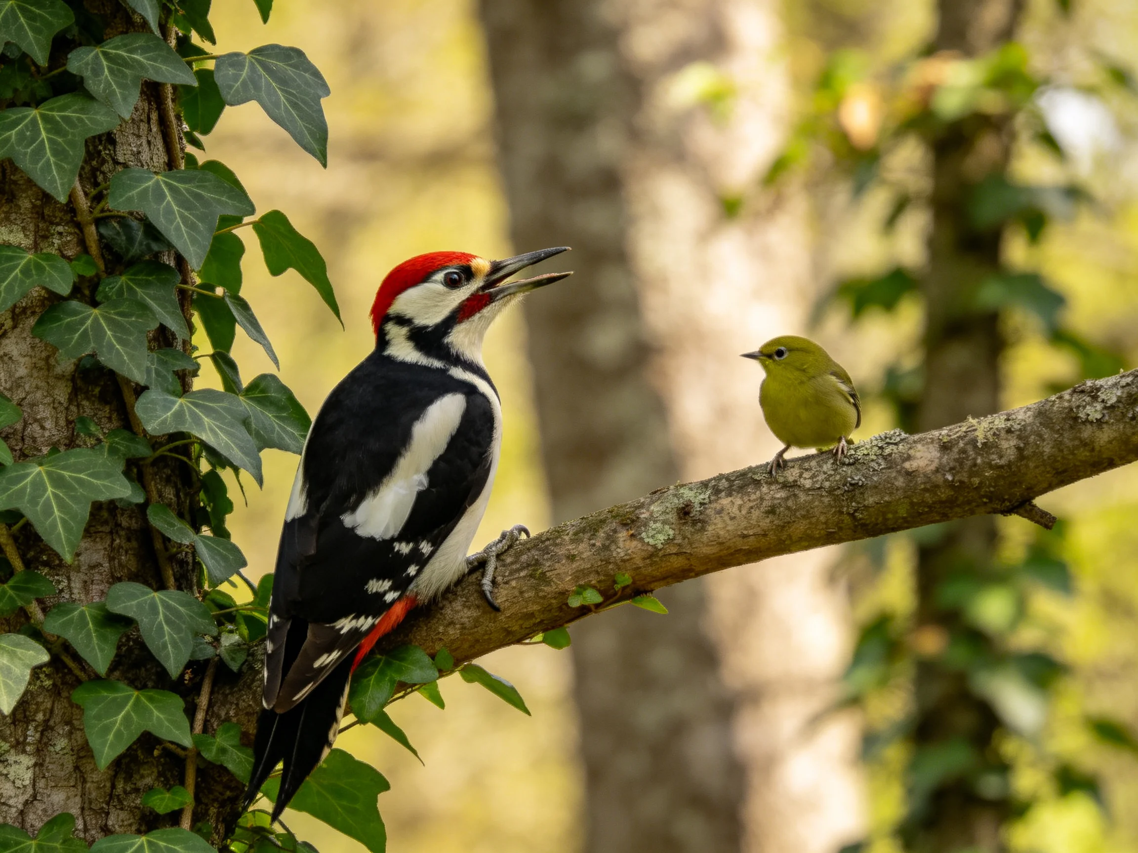 A colorful woodpecker and small green bird sit on a mossy tree branch