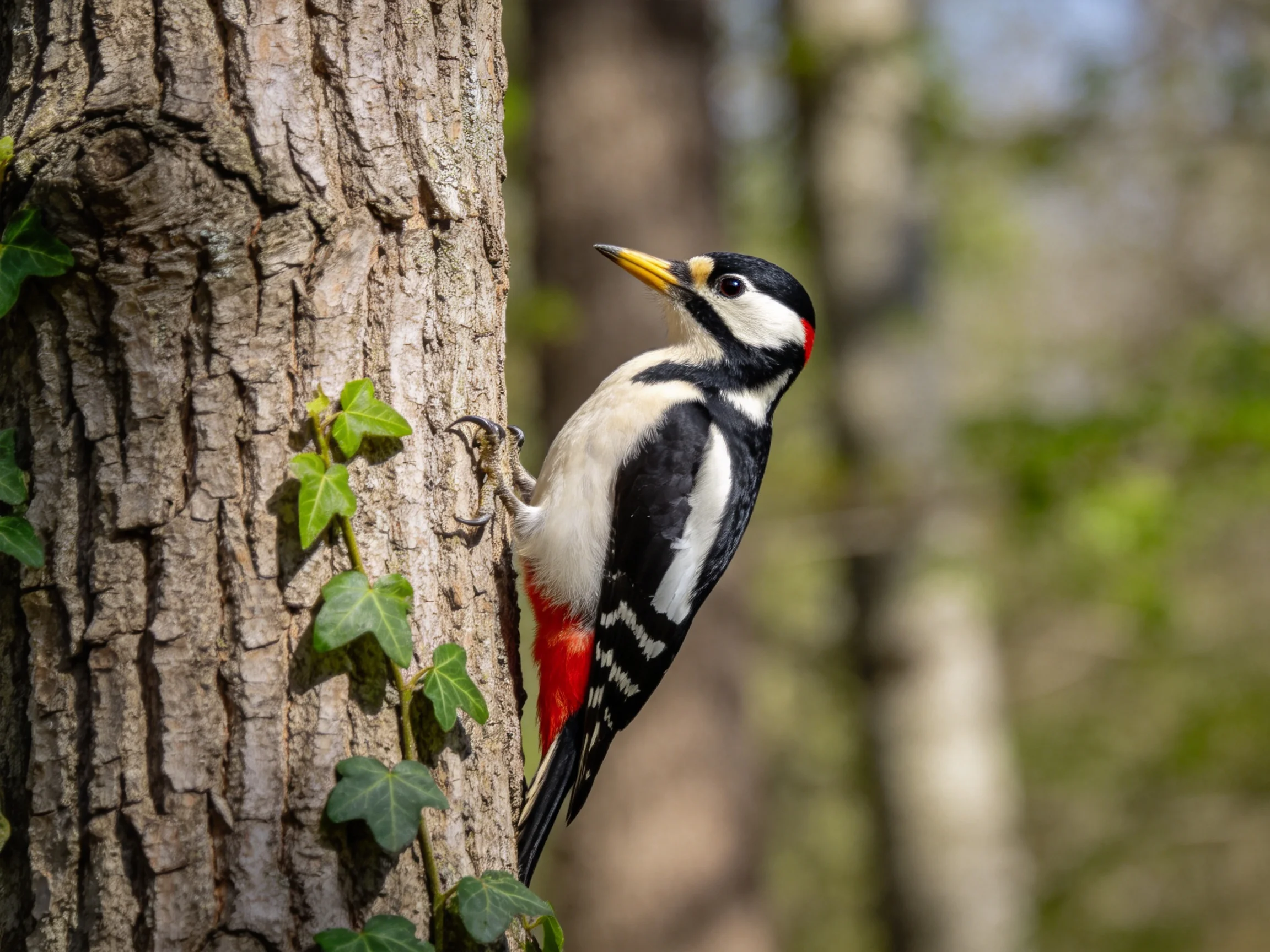 A colorful woodpecker clings to a textured tree trunk with green ivy