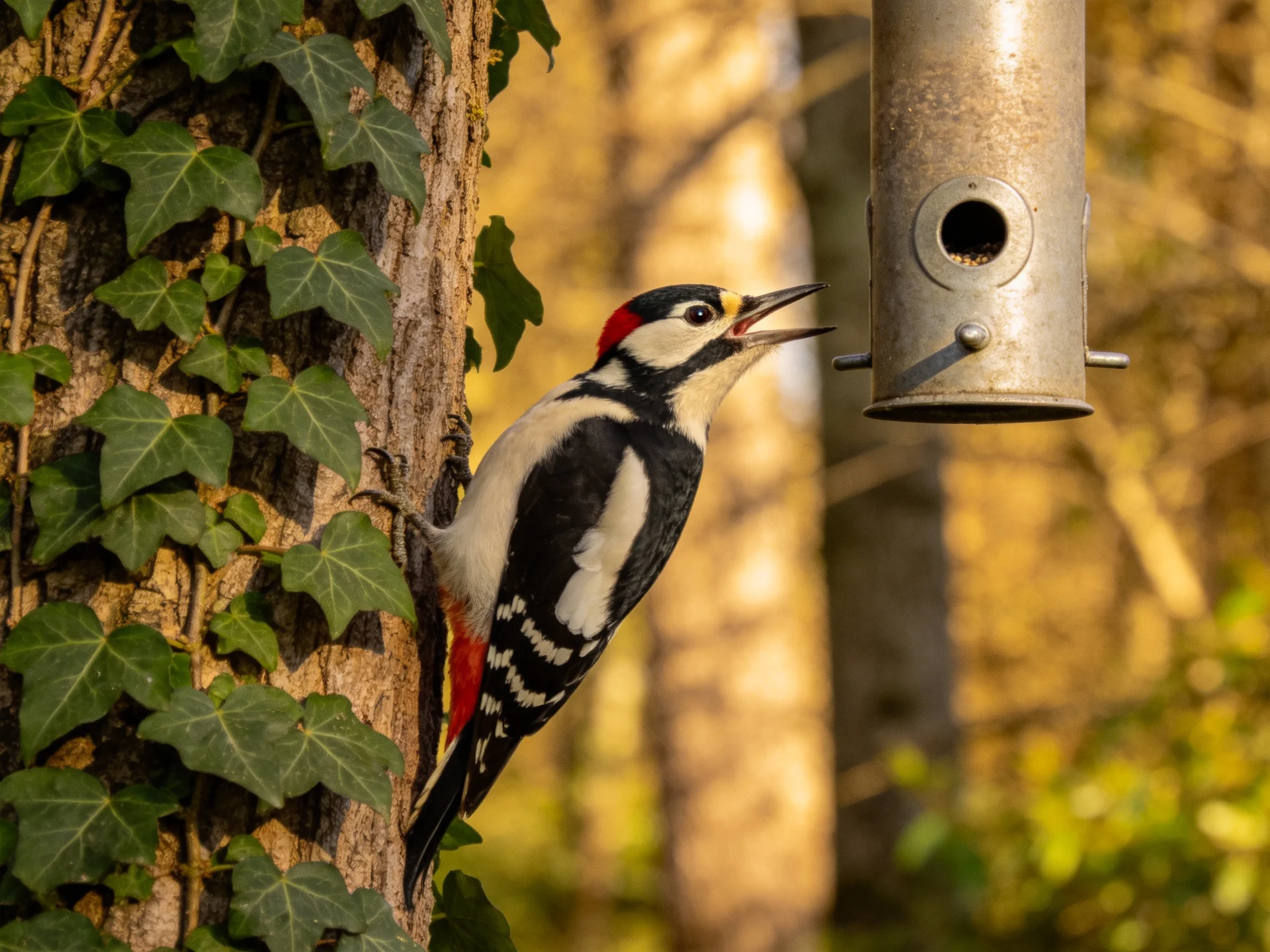 A colorful woodpecker feeding from a metal bird feeder