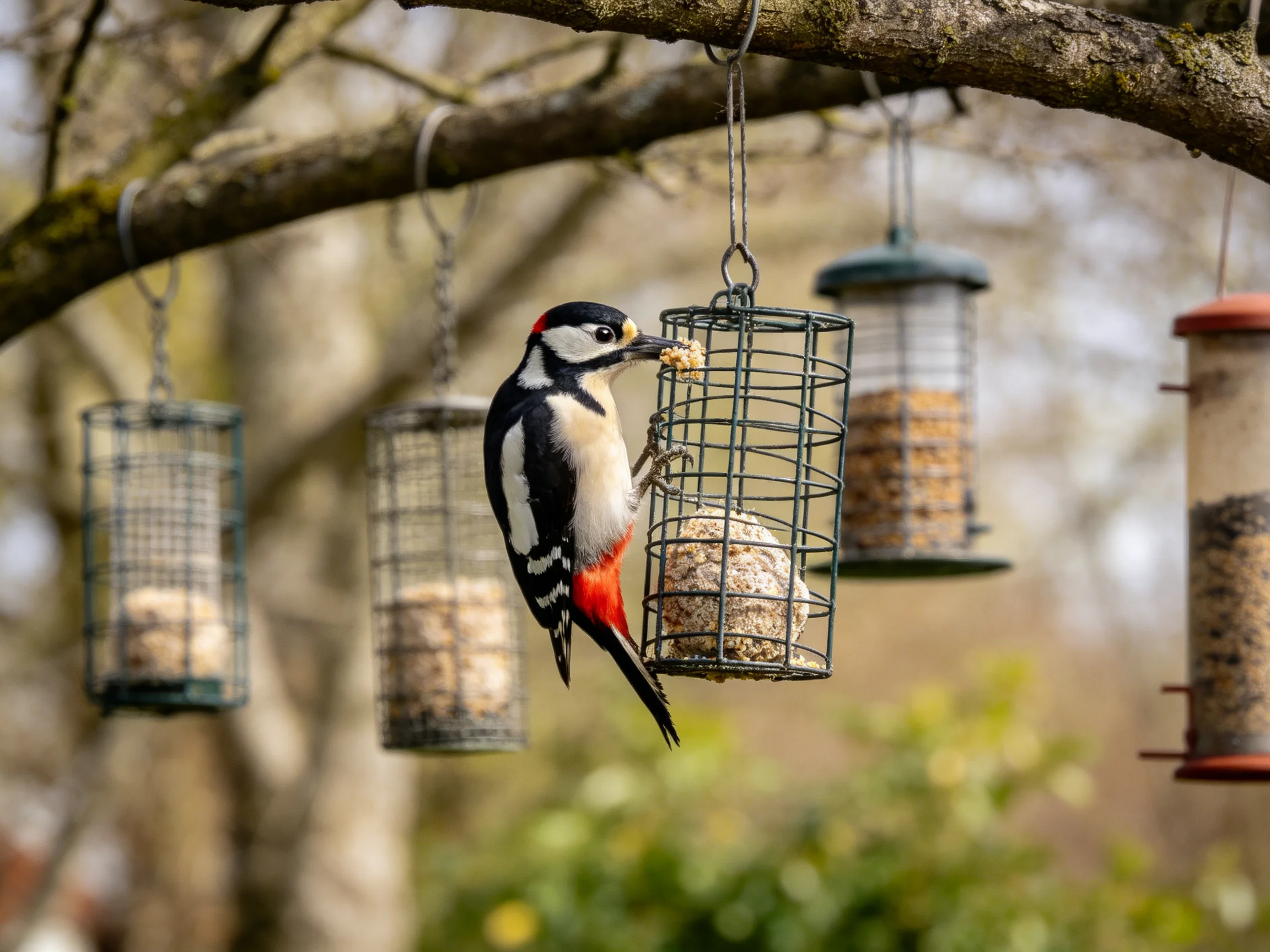 A colorful woodpecker feeding from wire bird feeders