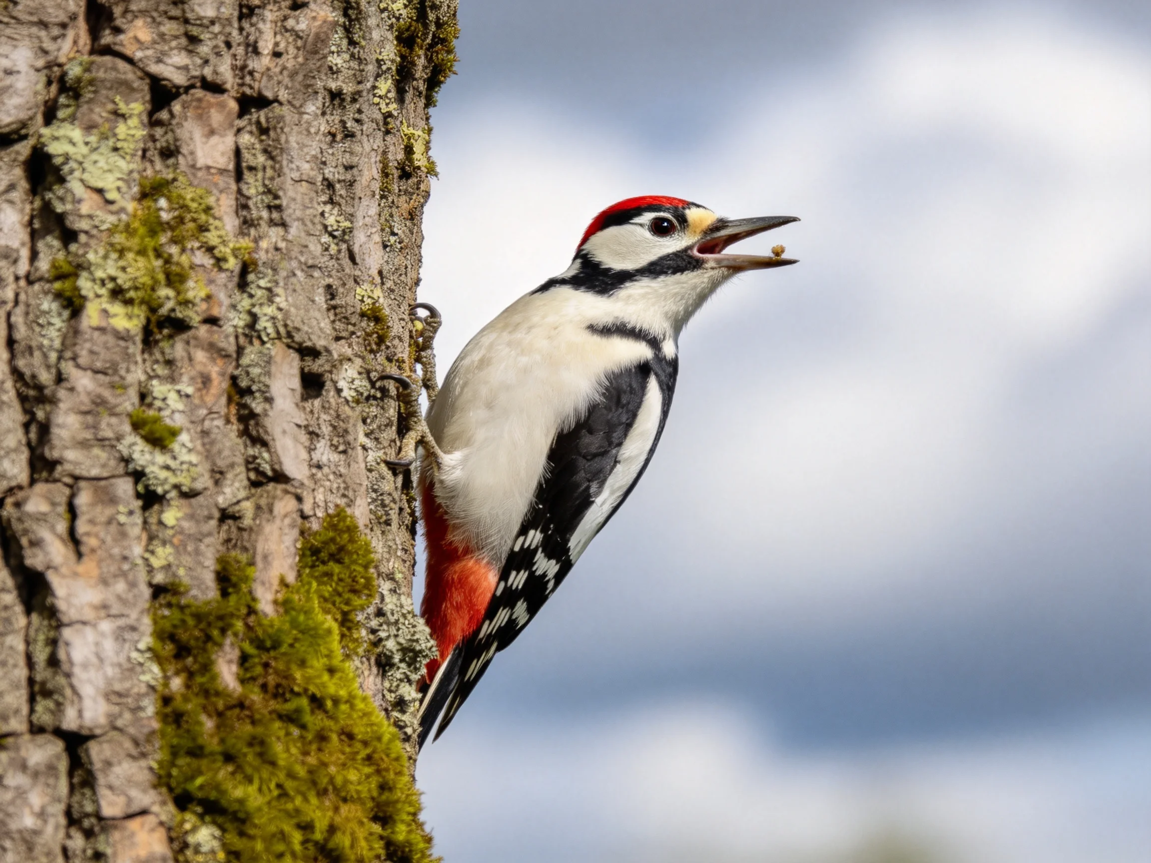 A colorful woodpecker feeding on a moss-covered tree trunk