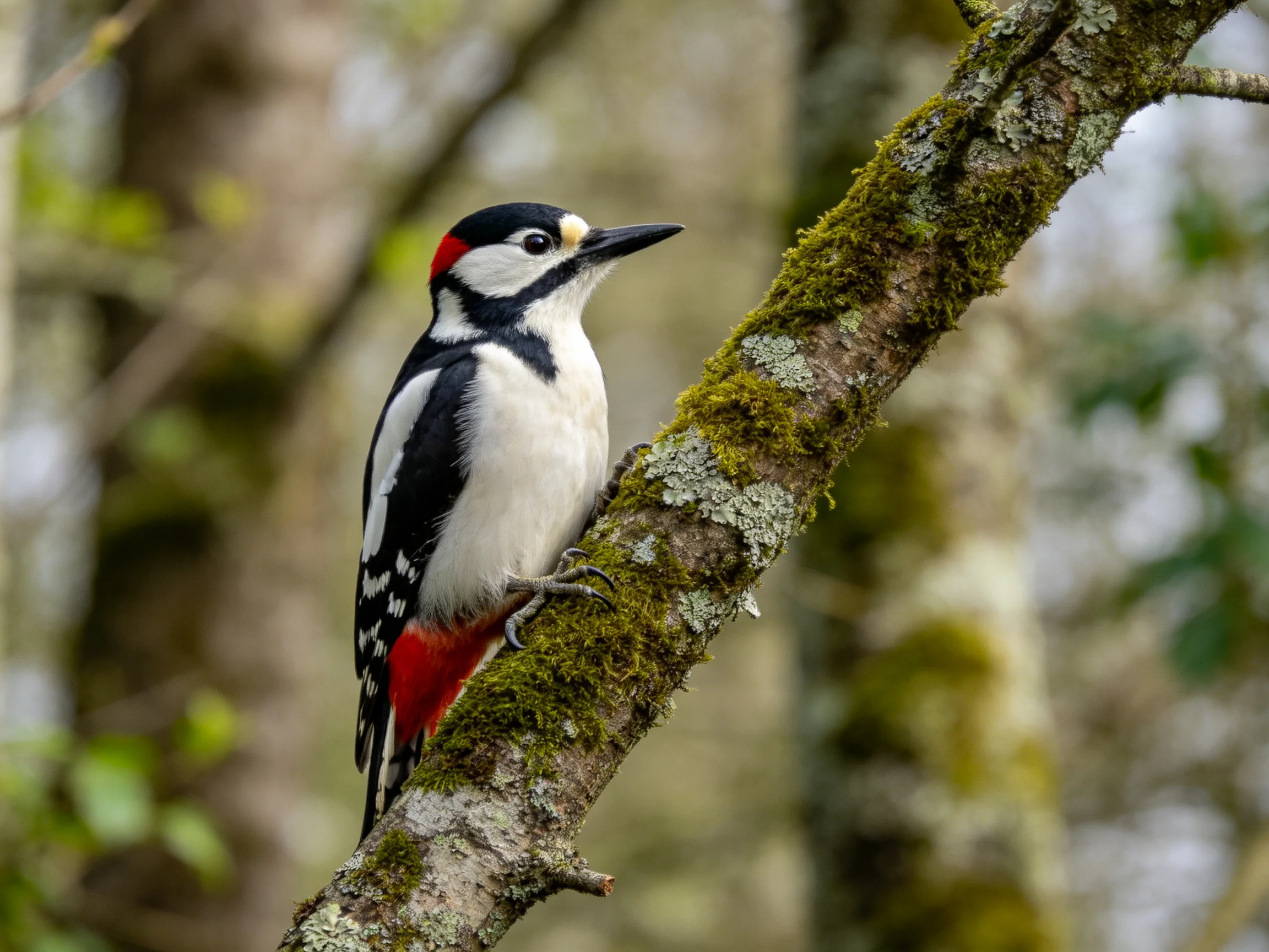 A colorful woodpecker perched on a mossy tree branch
