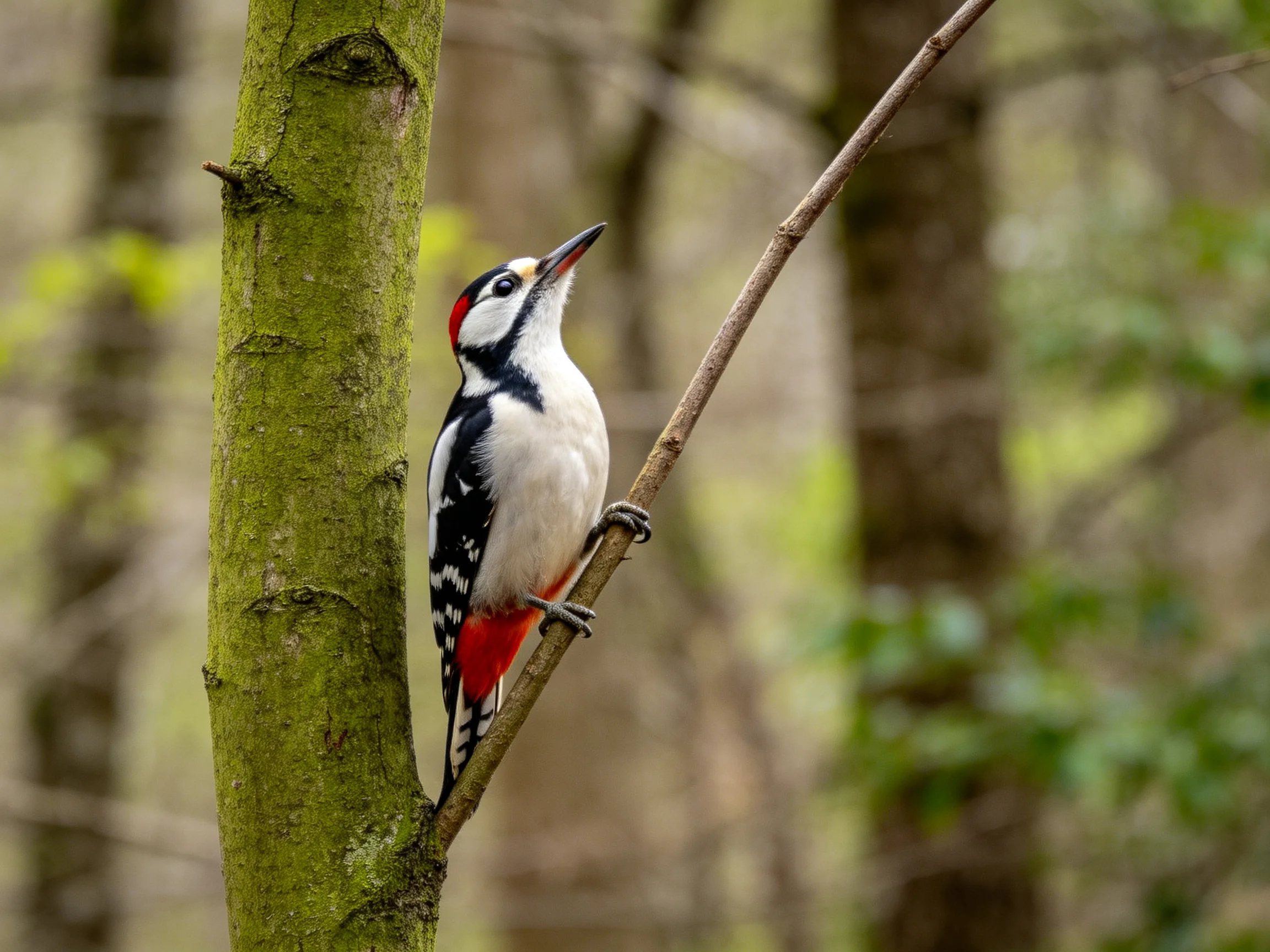 A colorful woodpecker perched on a mossy tree trunk
