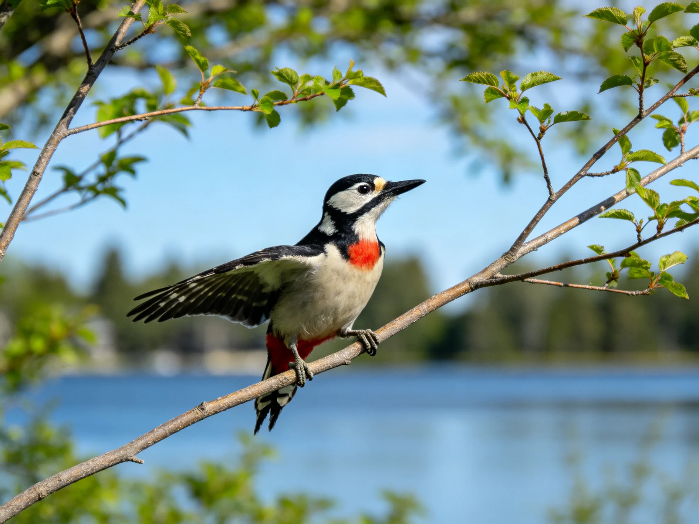 A colorful woodpecker perched on a tree branch near a calm lake