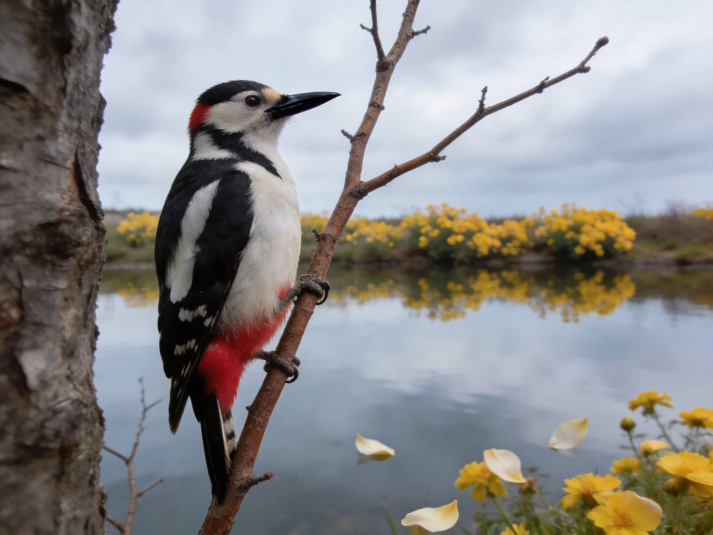 A colorful woodpecker perches on a bare branch near water