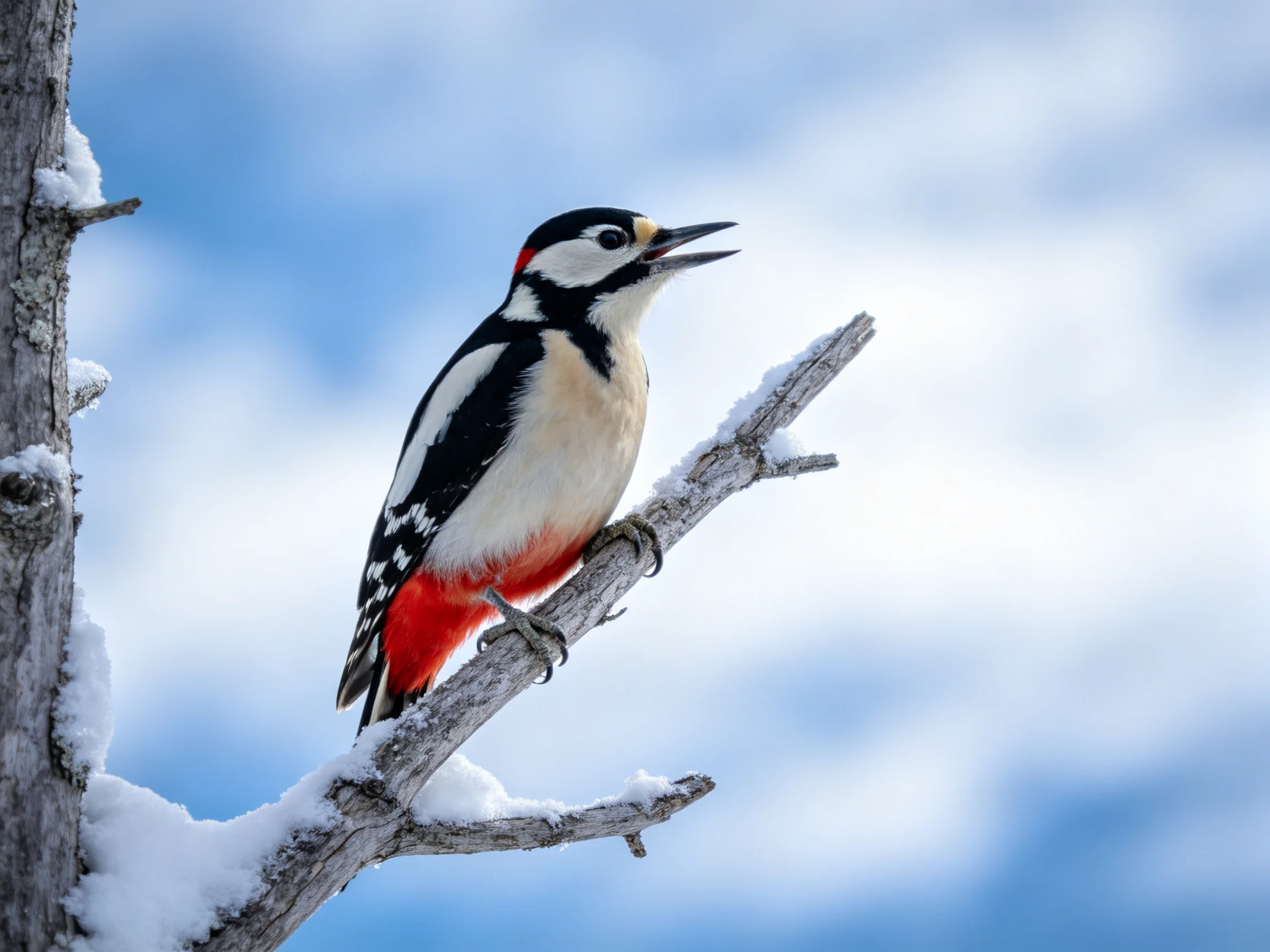 A colorful woodpecker perches on a snow-dusted tree branch