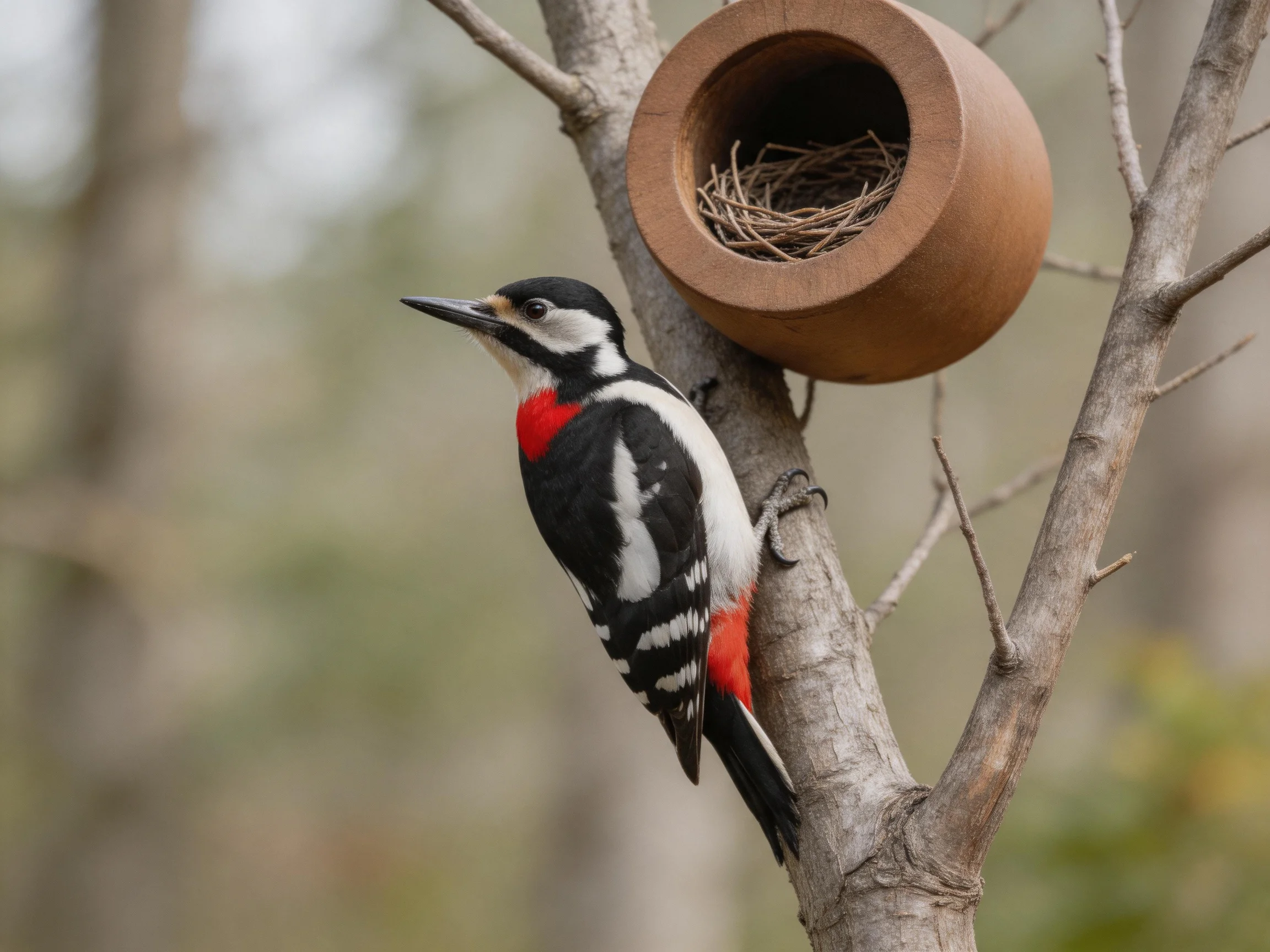 A colorful woodpecker perches on a tree trunk near a wooden birdhouse