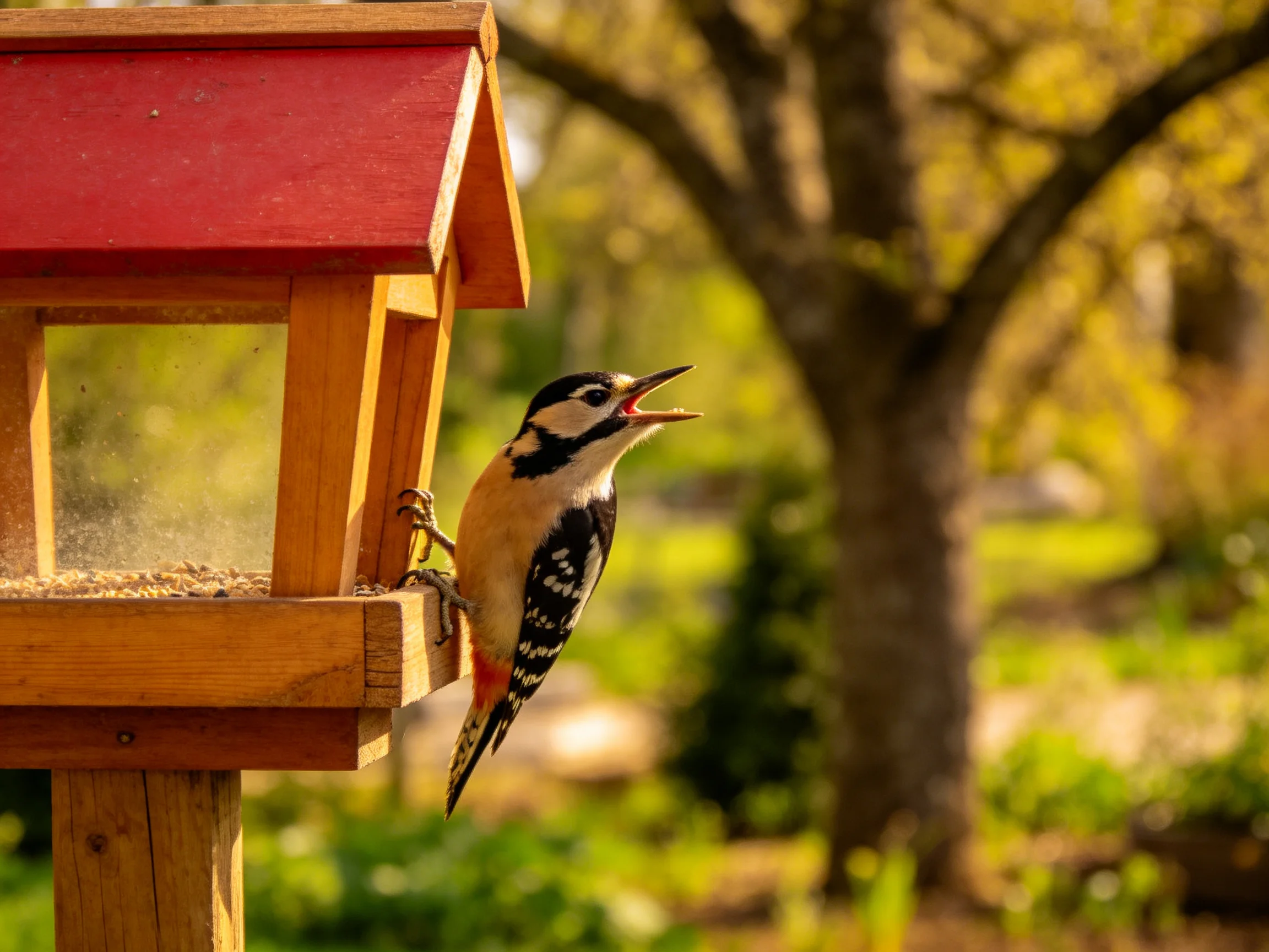 A colorful woodpecker perches on a wooden bird feeder with red roof