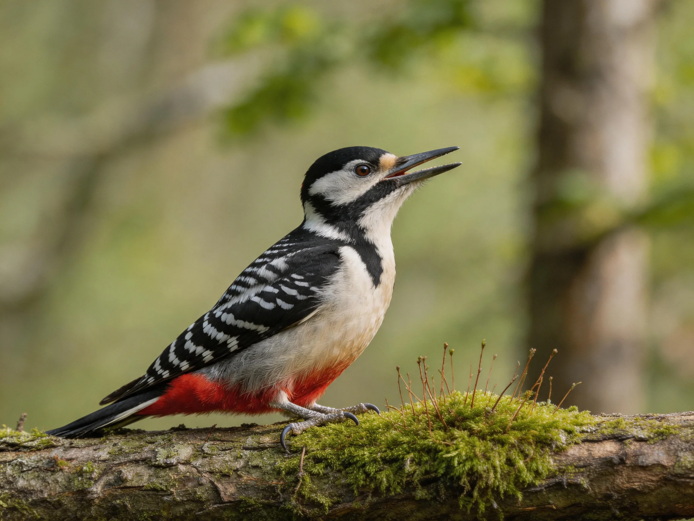 A colorful woodpecker with black, white, and red feathers on a moss-covered branch