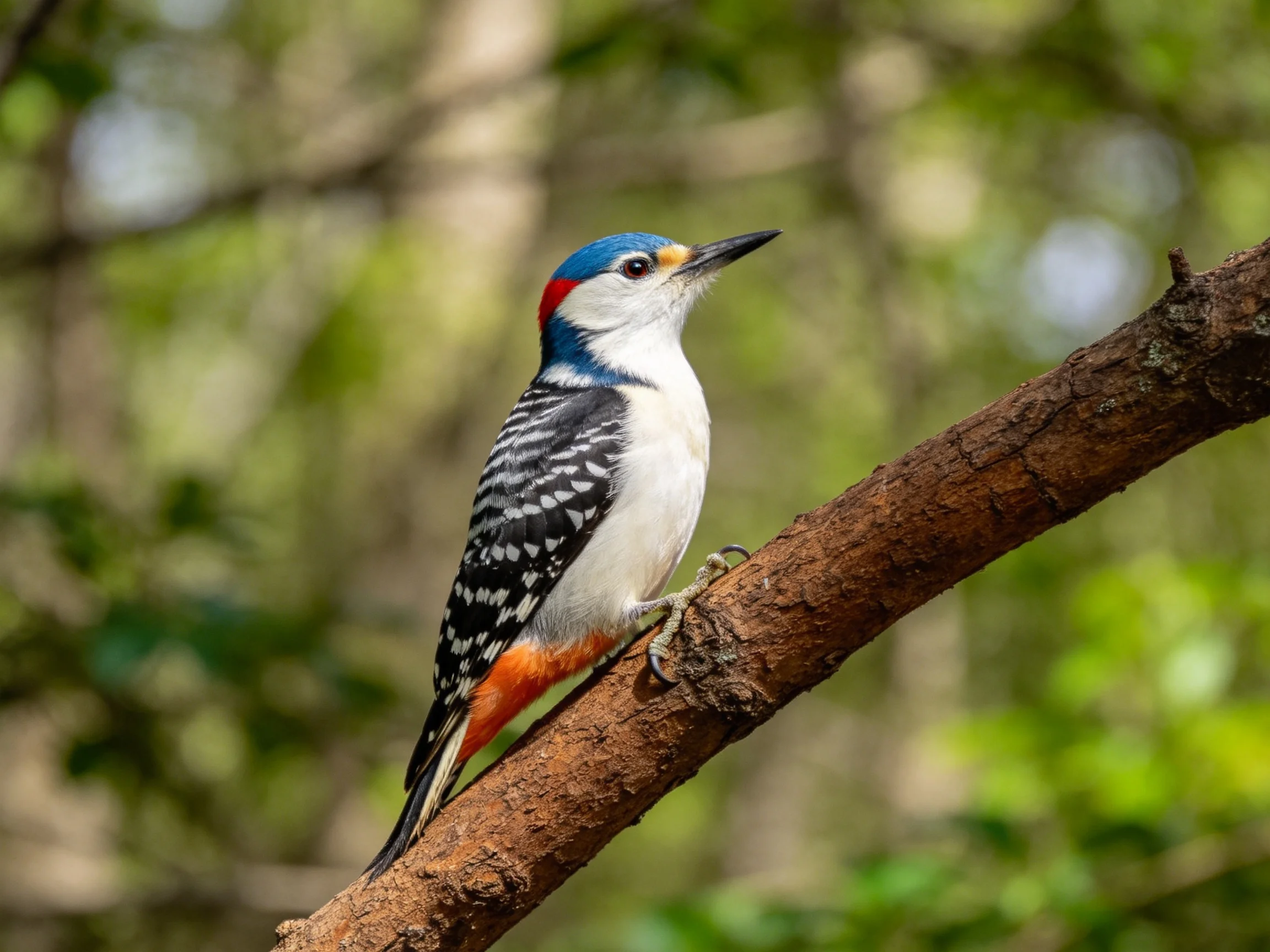 A colorful woodpecker with blue head, white chest, and orange underparts perches on a brown tree bran