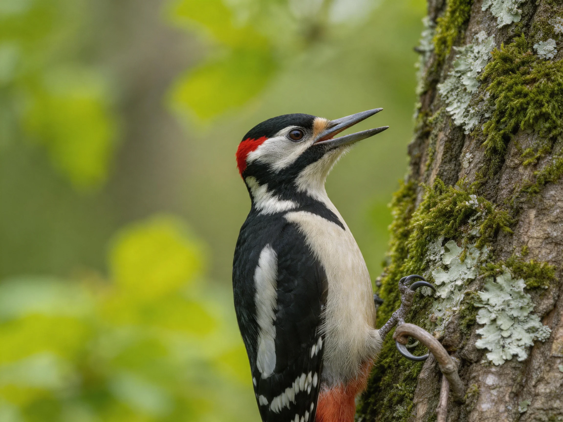 A colorful woodpecker with red crest perched on mossy tree trunk
