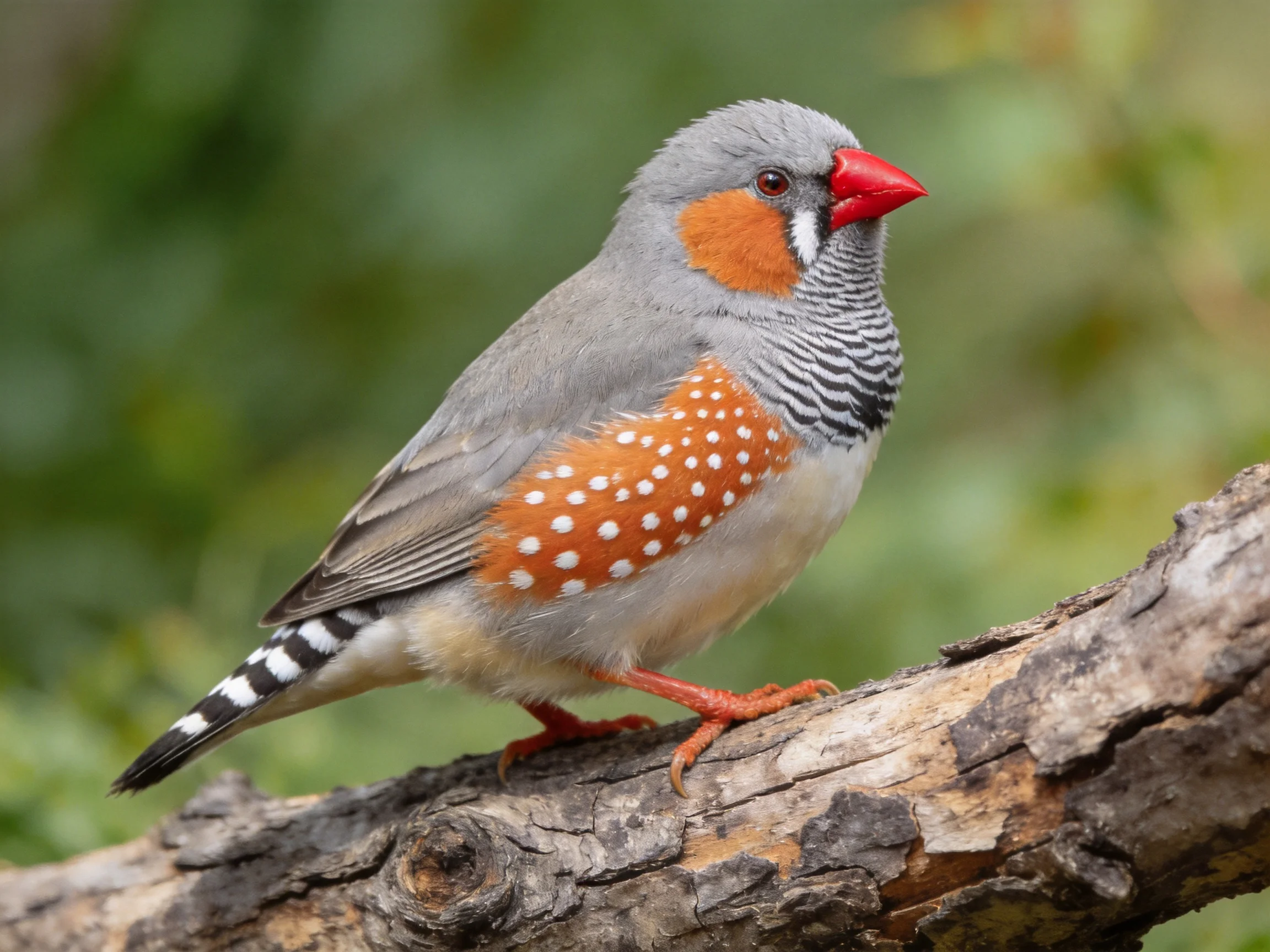 A colorful zebra finch perches on a weathered tree branch