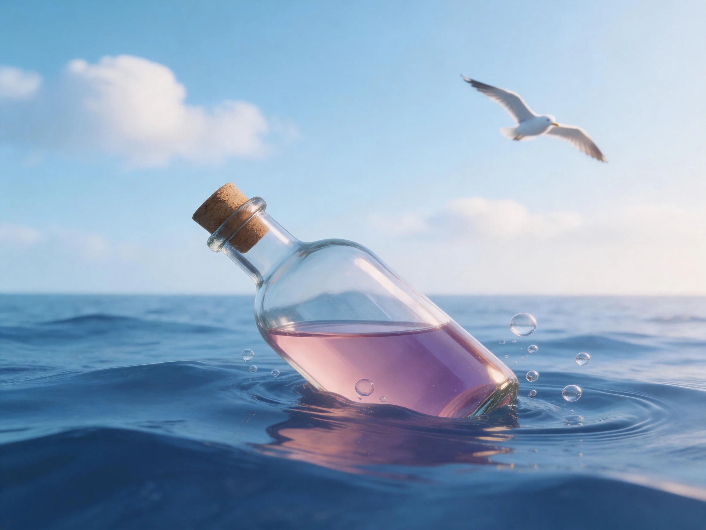 A corked glass bottle with pink liquid floats in the ocean near a seagull
