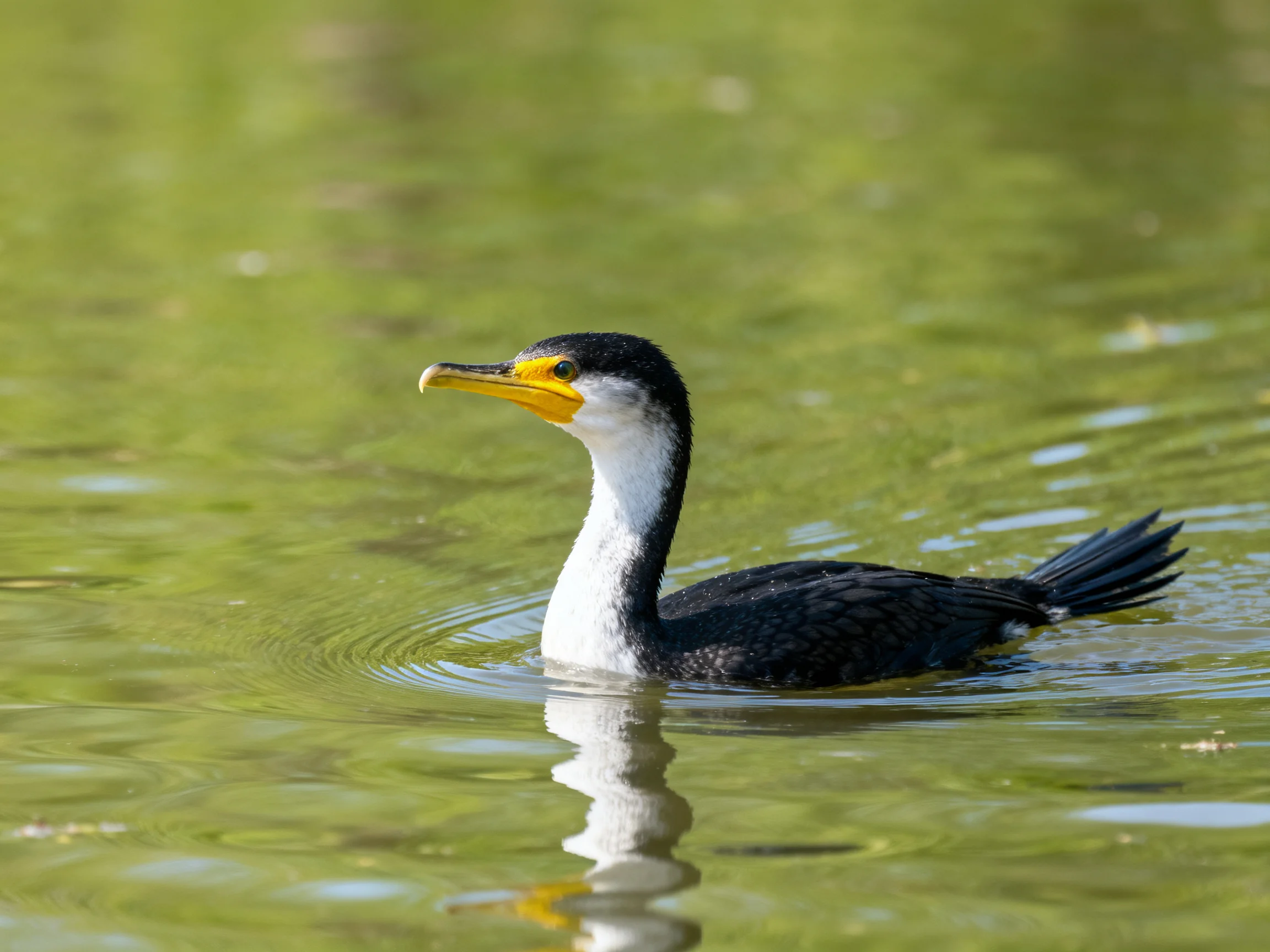 A cormorant swims in green-tinted water with black and white feathers