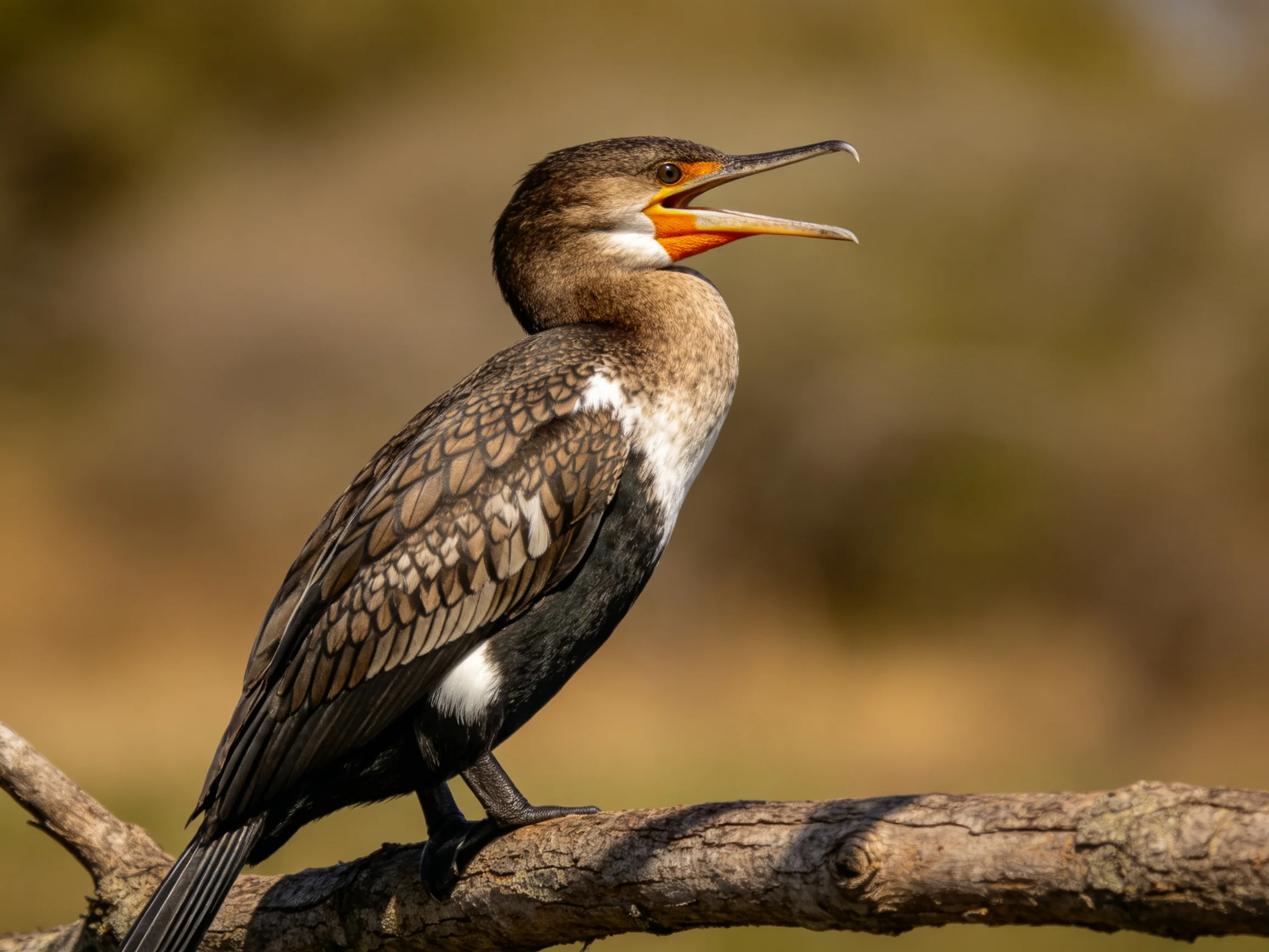 A cormorant with brown and black plumage perches on a tree branch