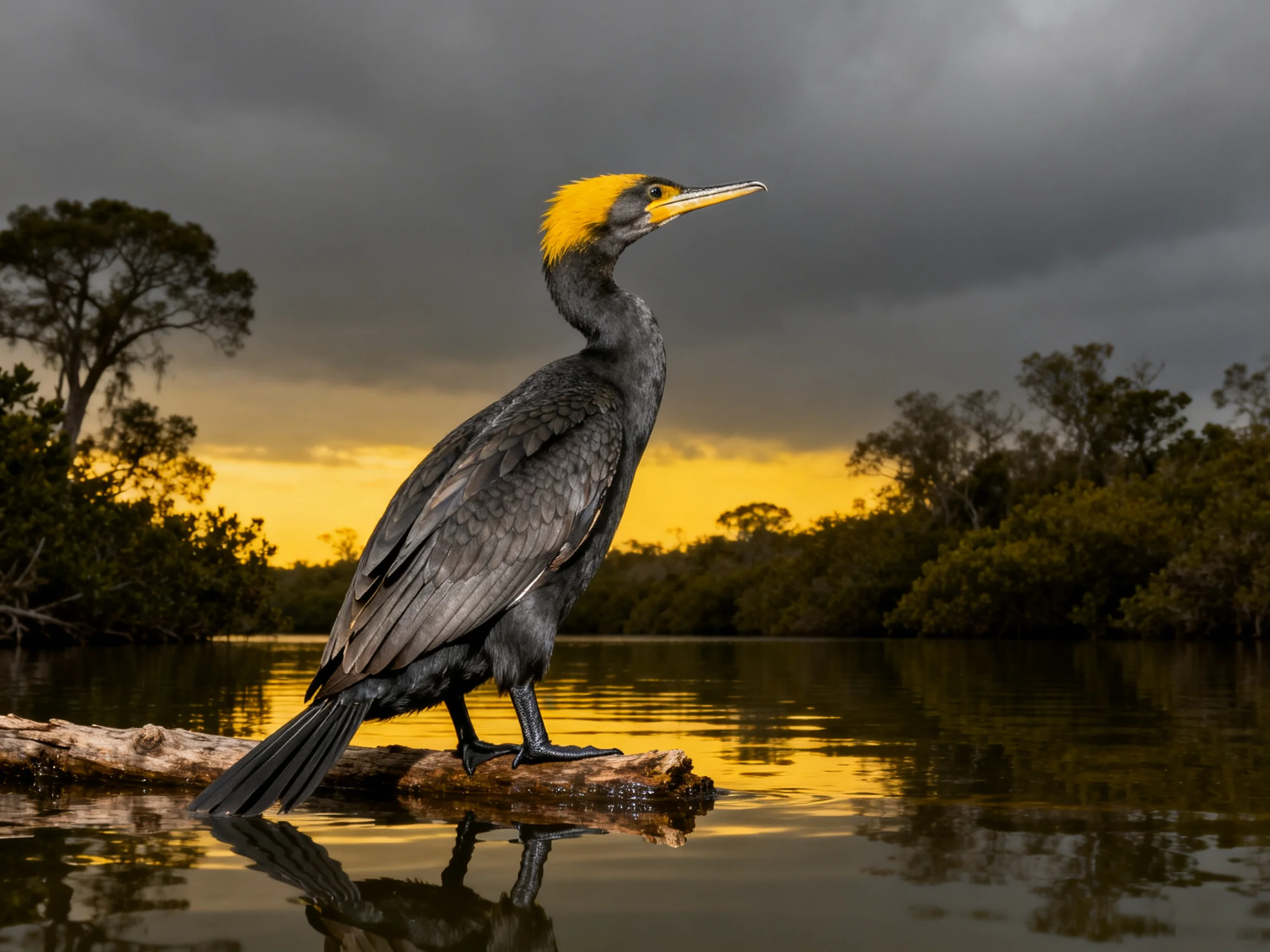 A cormorant with yellow crest perched on a log by calm water under stormy skies