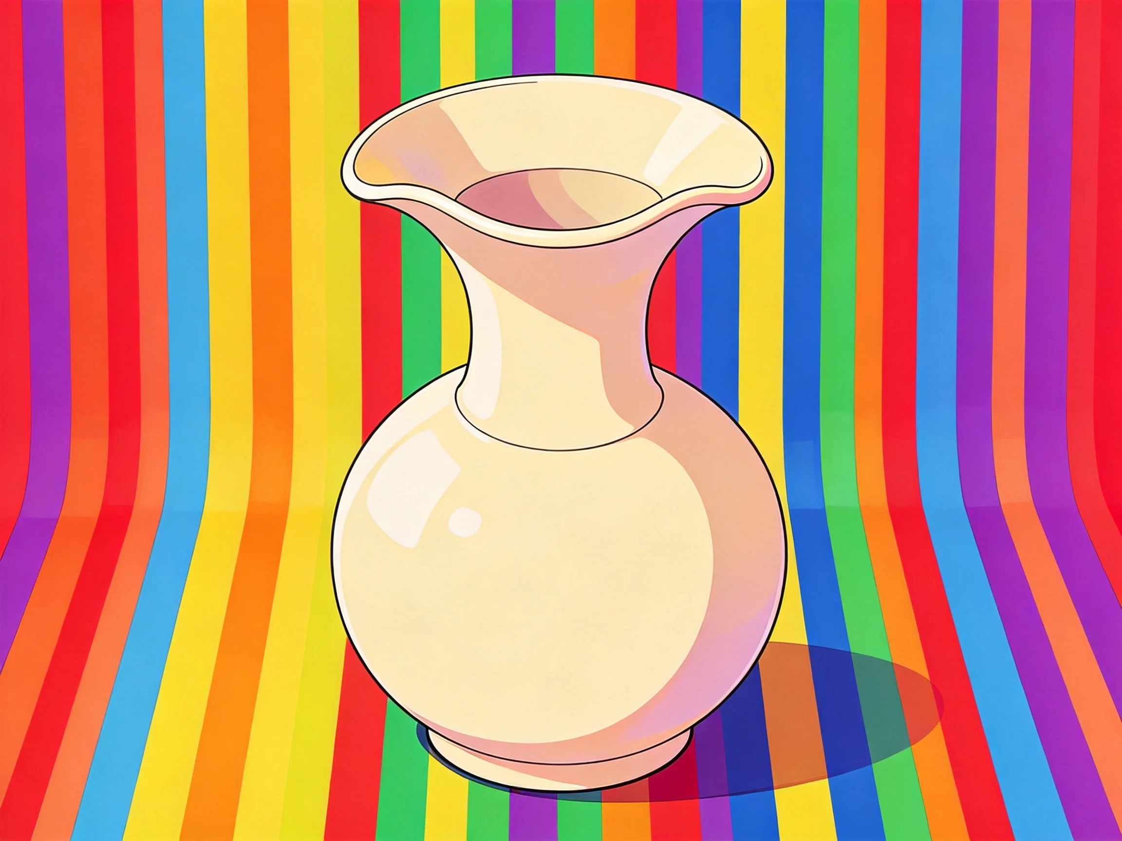 A cream - colored vase against vibrant rainbow vertical stripes