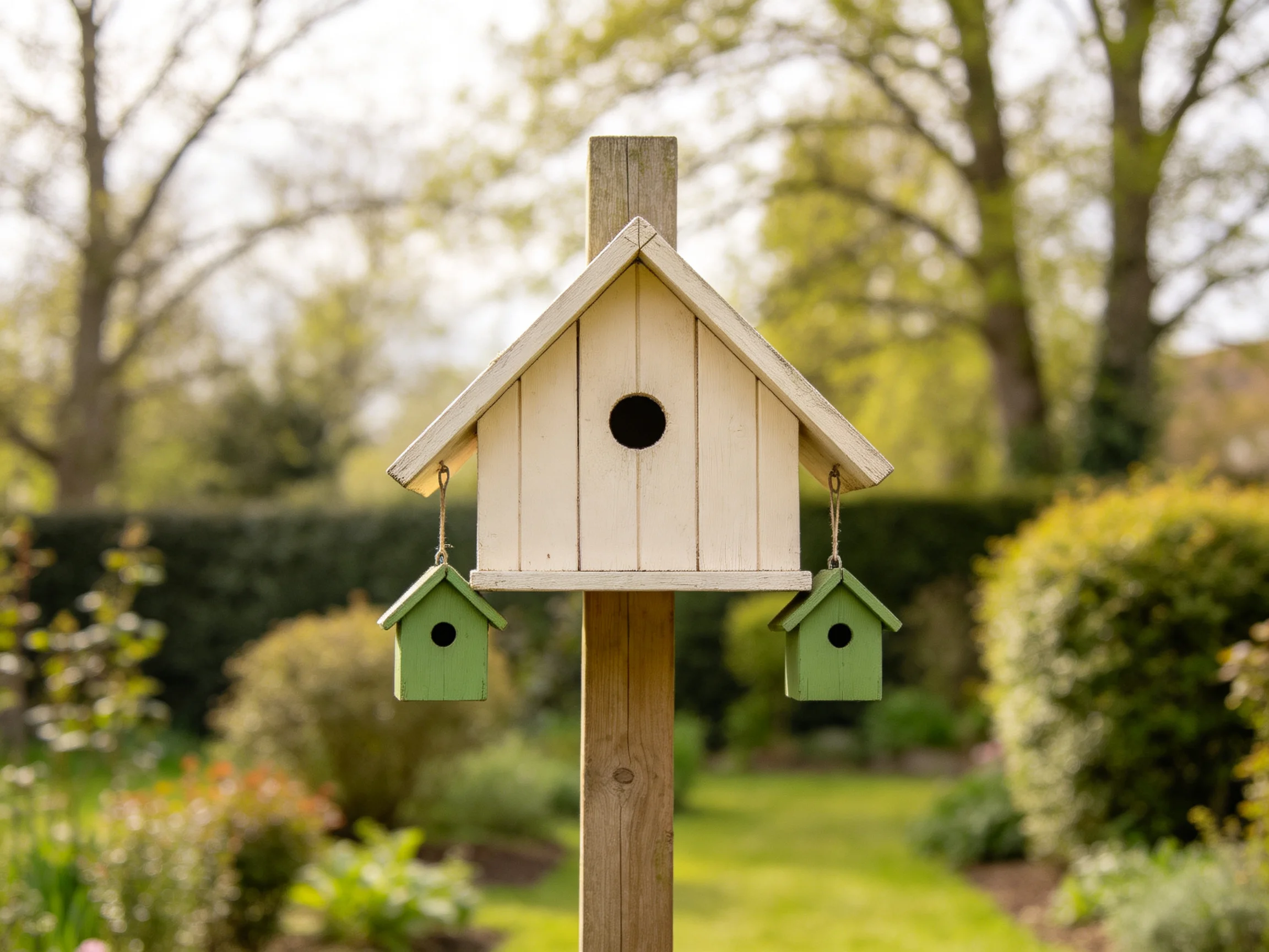 A cream-colored wooden birdhouse with two green hanging houses in a lush garden