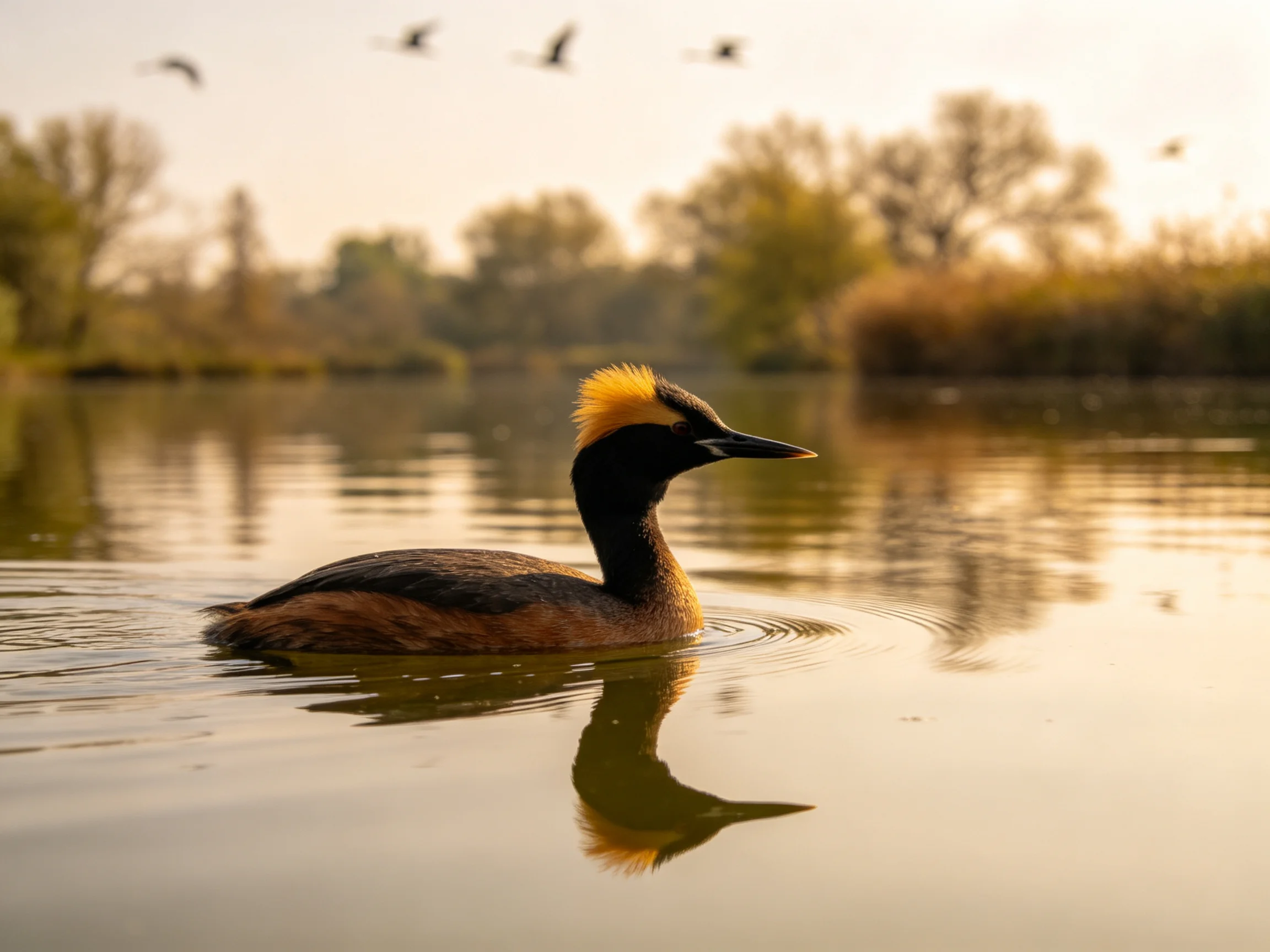 A crested bird glides on calm waters with golden backdrop