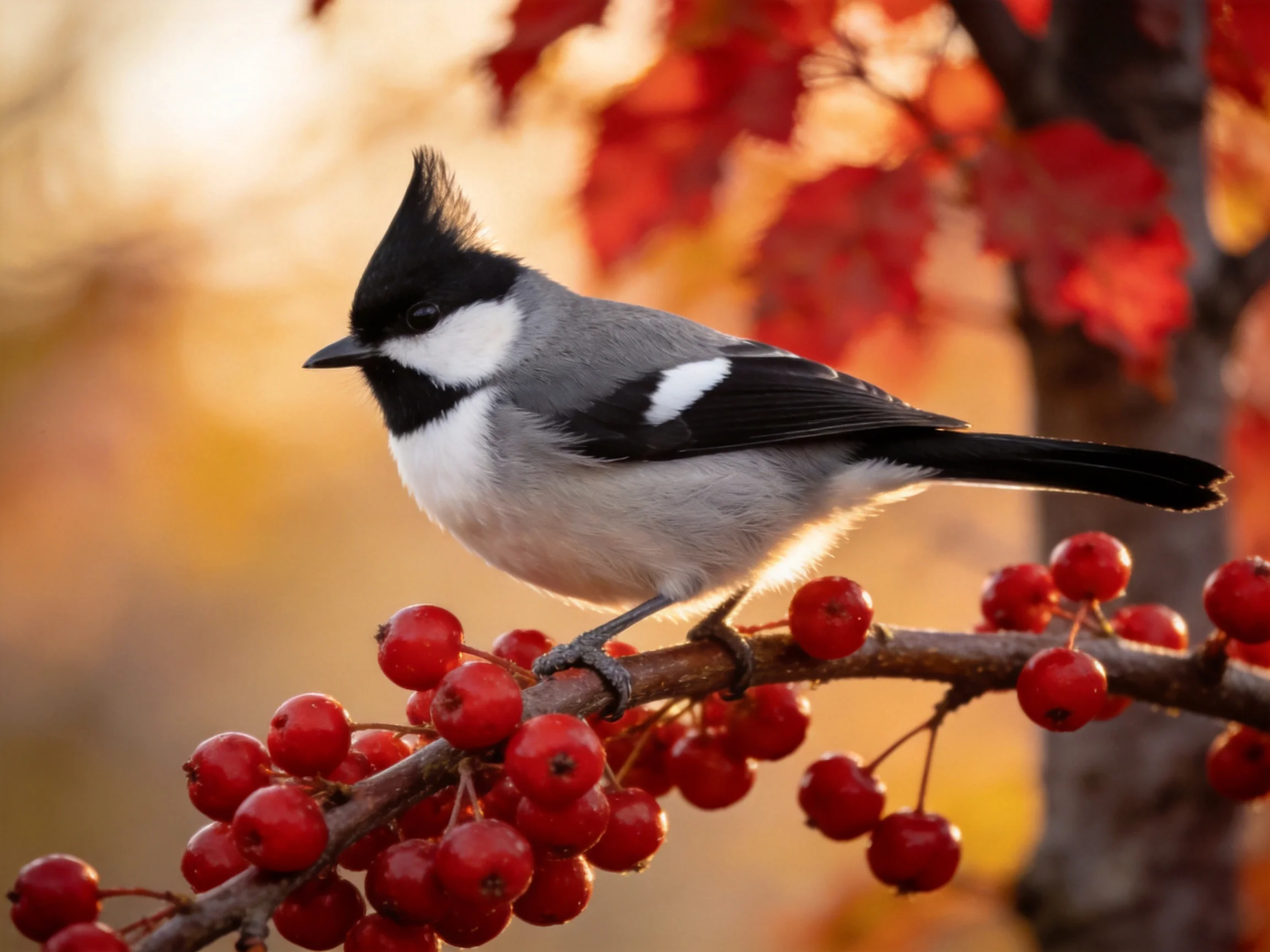 A crested bird perches on a branch with red berries