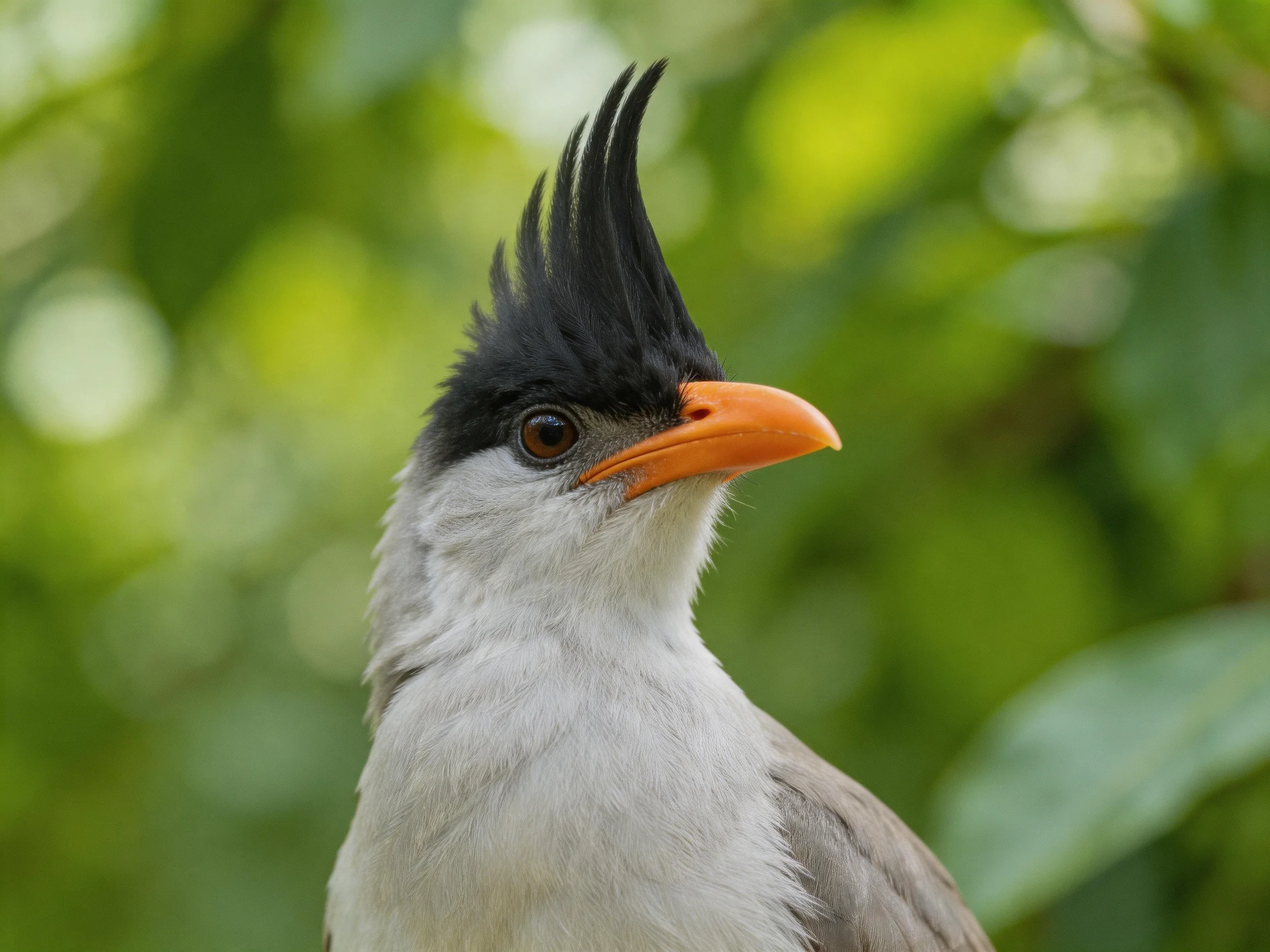 A crested bird with an orange beak amid lush green foliage